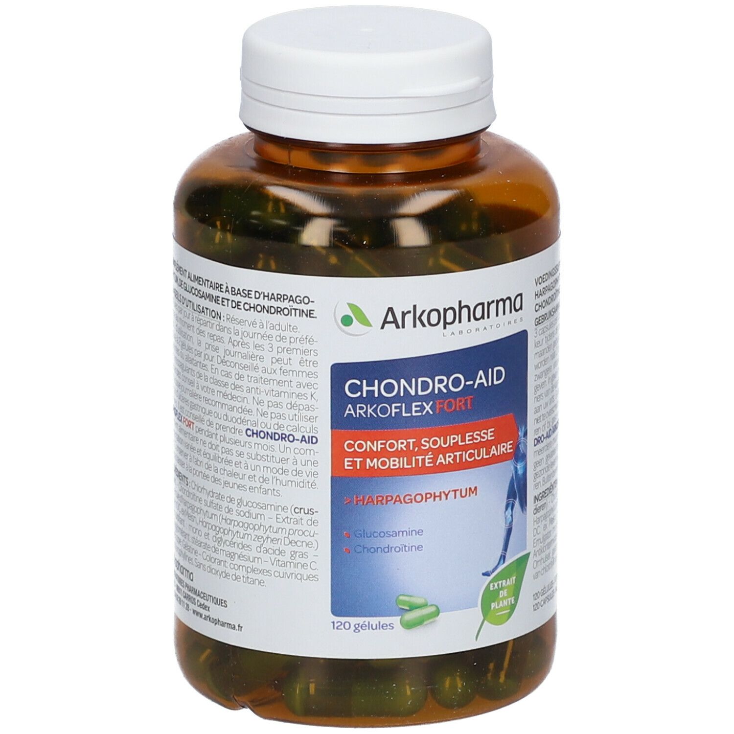 Flacon marron avec bouchon blanc. Contient des gélules vertes. Étiquette avec nom du produit et logo.