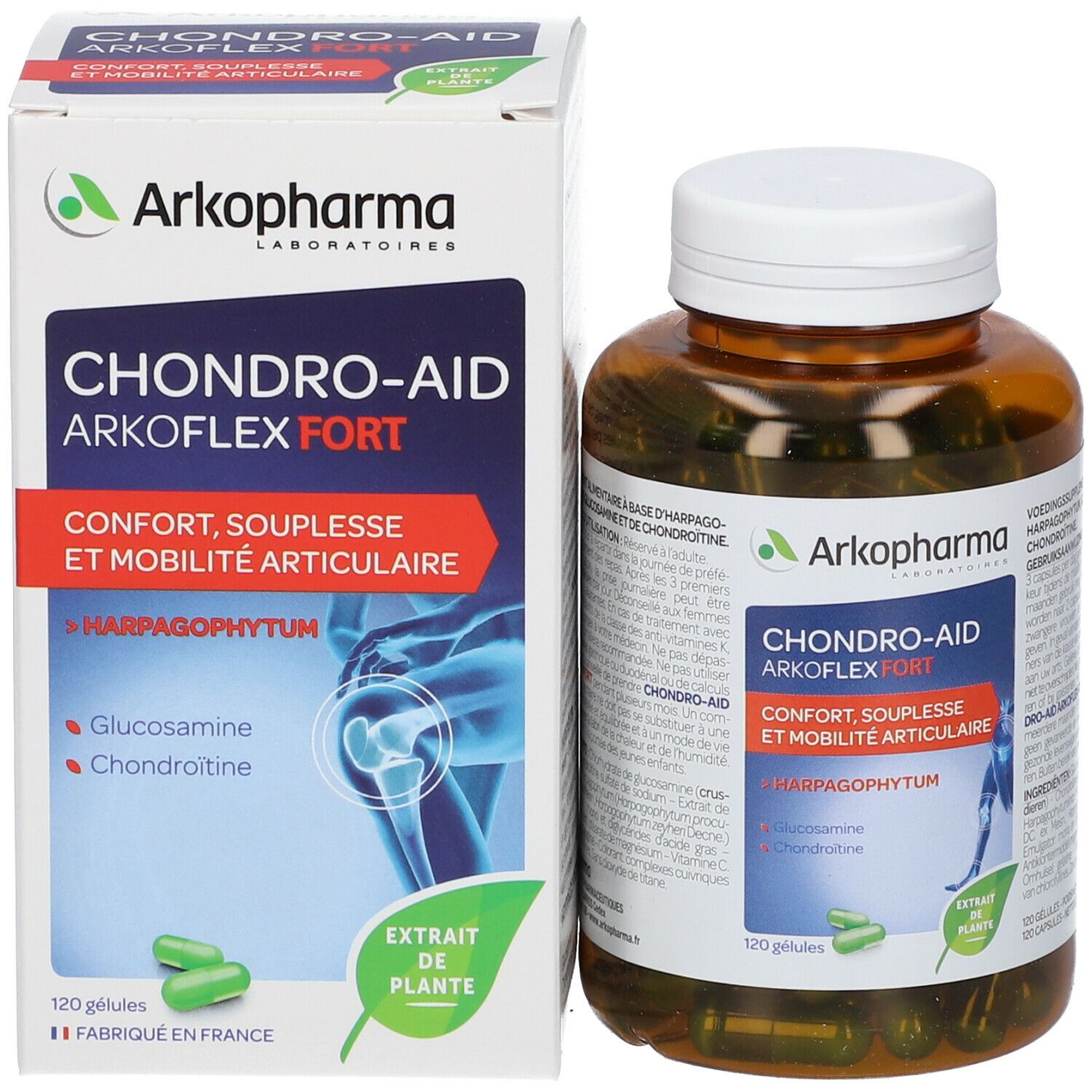 Flacon et boîte du produit. Flacon marron avec bouchon blanc. Boîte blanche avec nom du produit et logo.