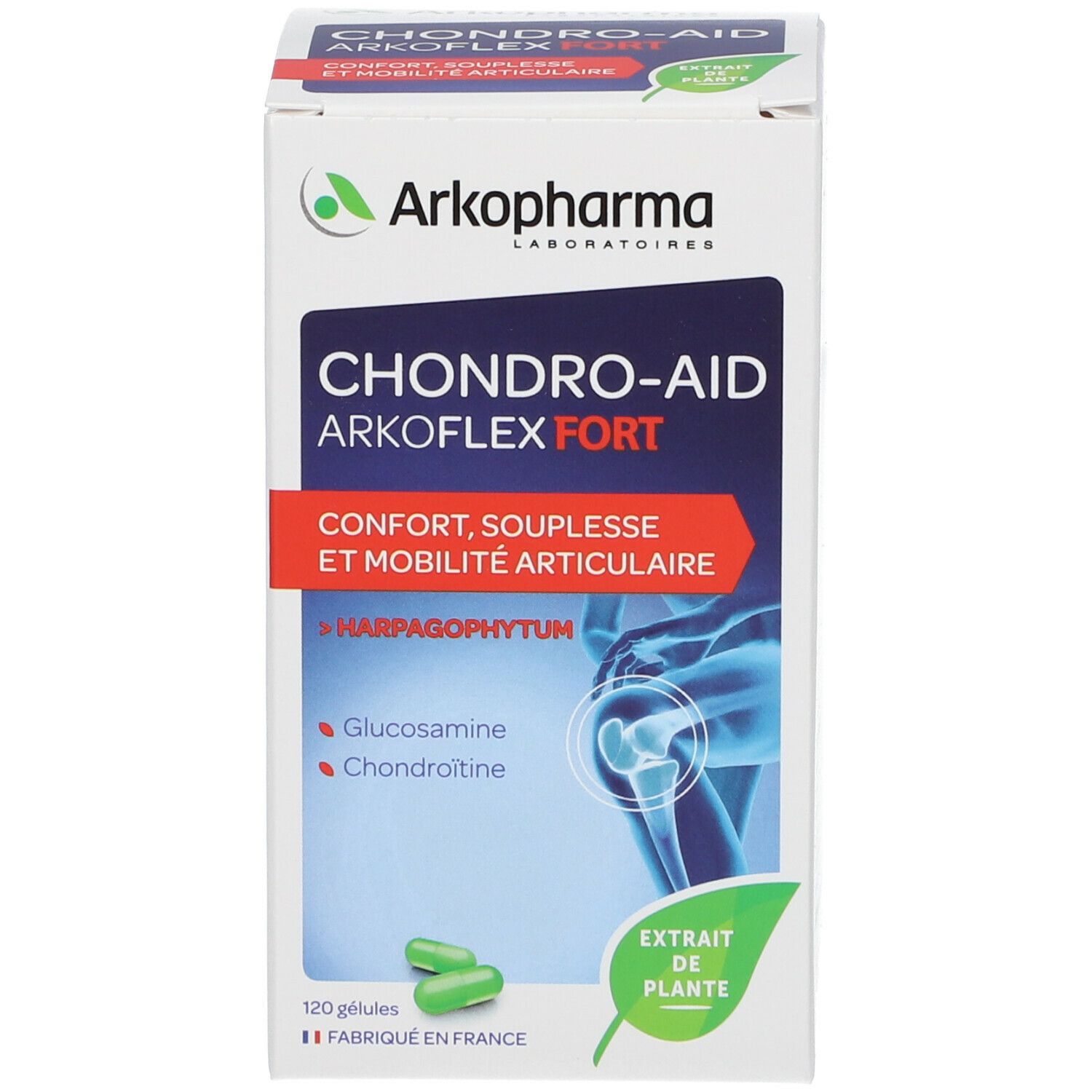 Boîte blanche avec nom du produit et logo. Contient des gélules vertes. Texte: Extrait de plante.