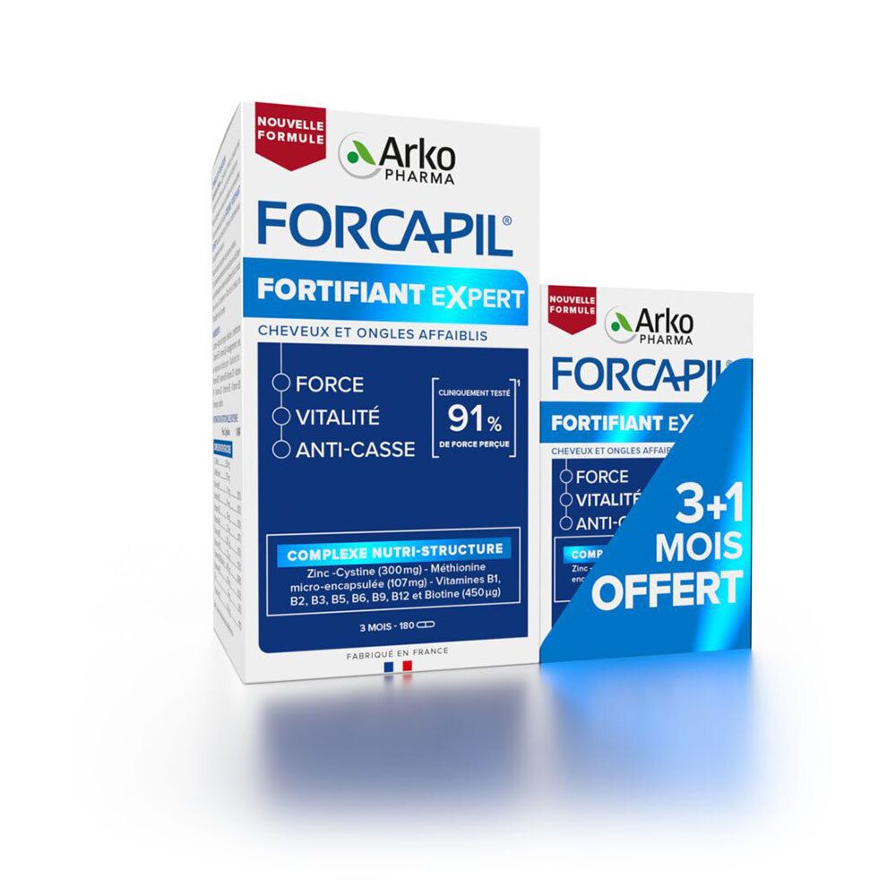 Deux boîtes de Forcapil pour cheveux et ongles. Une boîte plus grande de 180 gélules et une plus petite de 60 gélules.