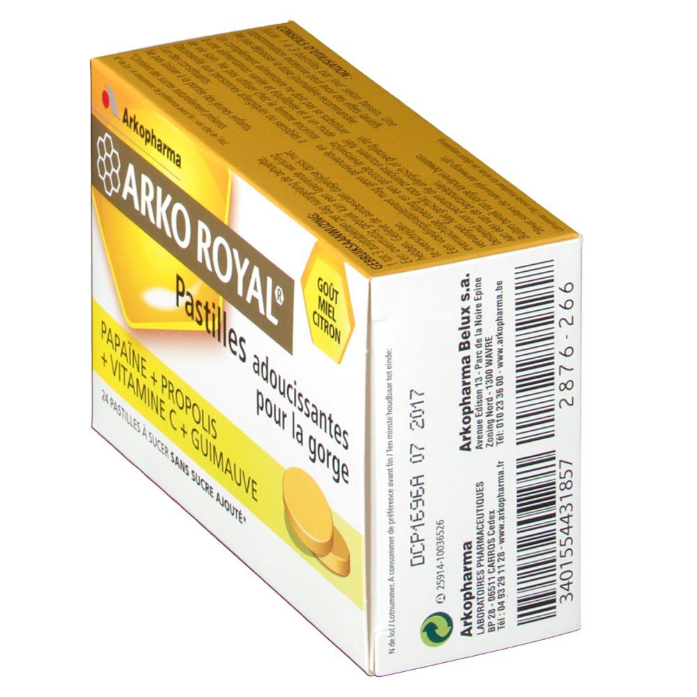 Boîte de pastilles Arkopharma Arko Royal. Inscription: Papaine + Propolis + Vitamine C + Guimauve. Goût miel citron.