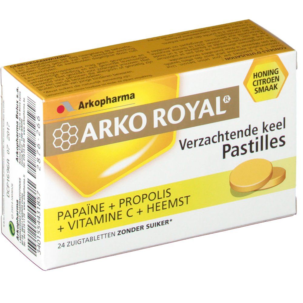 Boîte de pastilles Arkopharma Arko Royal. Inscription: Papaine + Propolis + Vitamine C + Heemst. Goût miel citron. 24 comprimés.