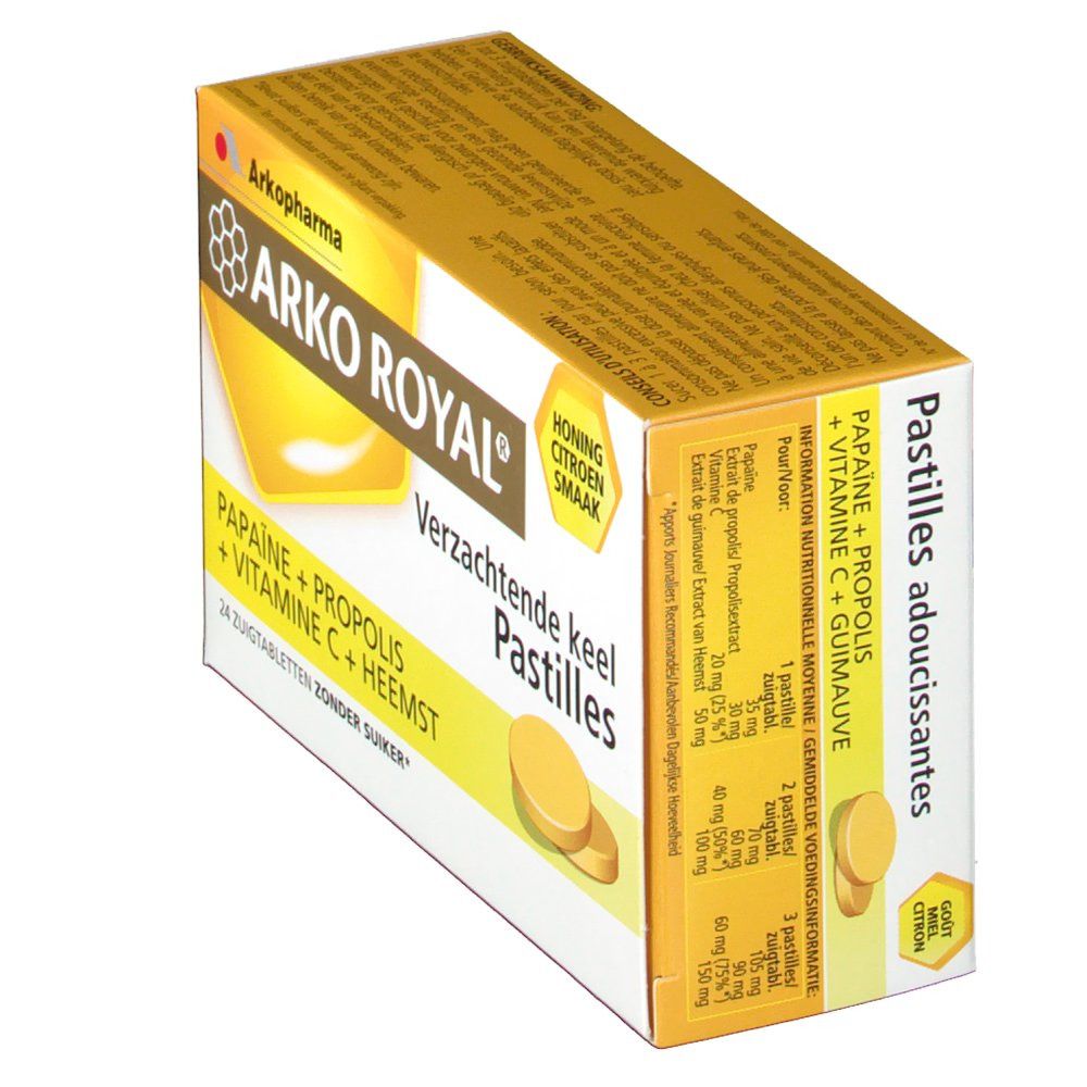 Boîte de pastilles Arkopharma Arko Royal. Inscription: Papaine + Propolis + Vitamine C + Guimauve. Goût miel citron. 24 comprimés.