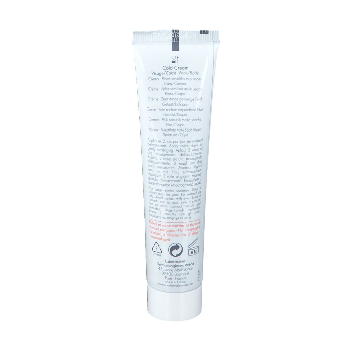 Dos du tube Avene Cold Cream. Texte multilingue. Informations d'utilisation et ingrédients.