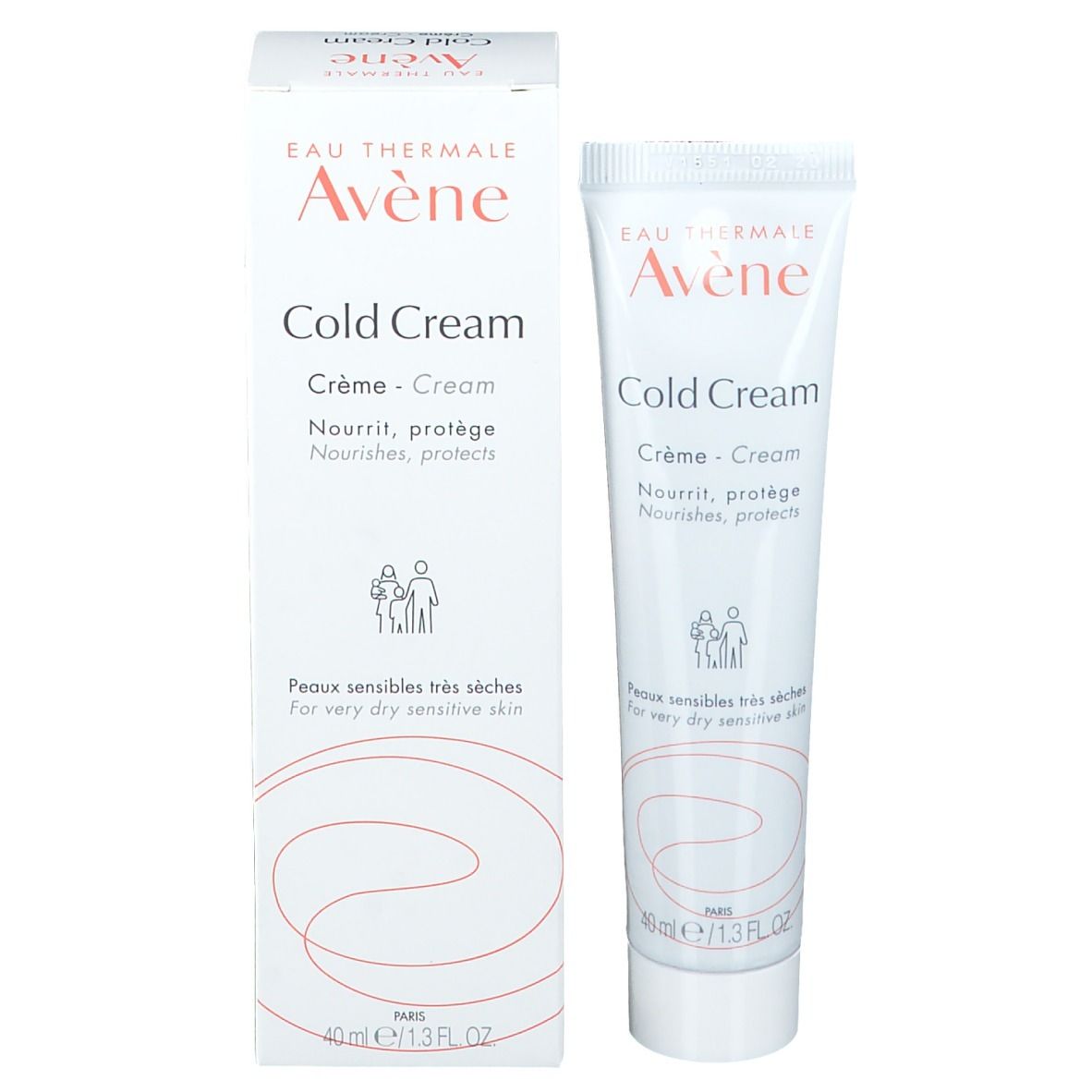 Tube et emballage carton Avene Cold Cream. Texte: Cold Cream, Crème, Nourrit, protège. Pour peaux très sèches. 40ml.