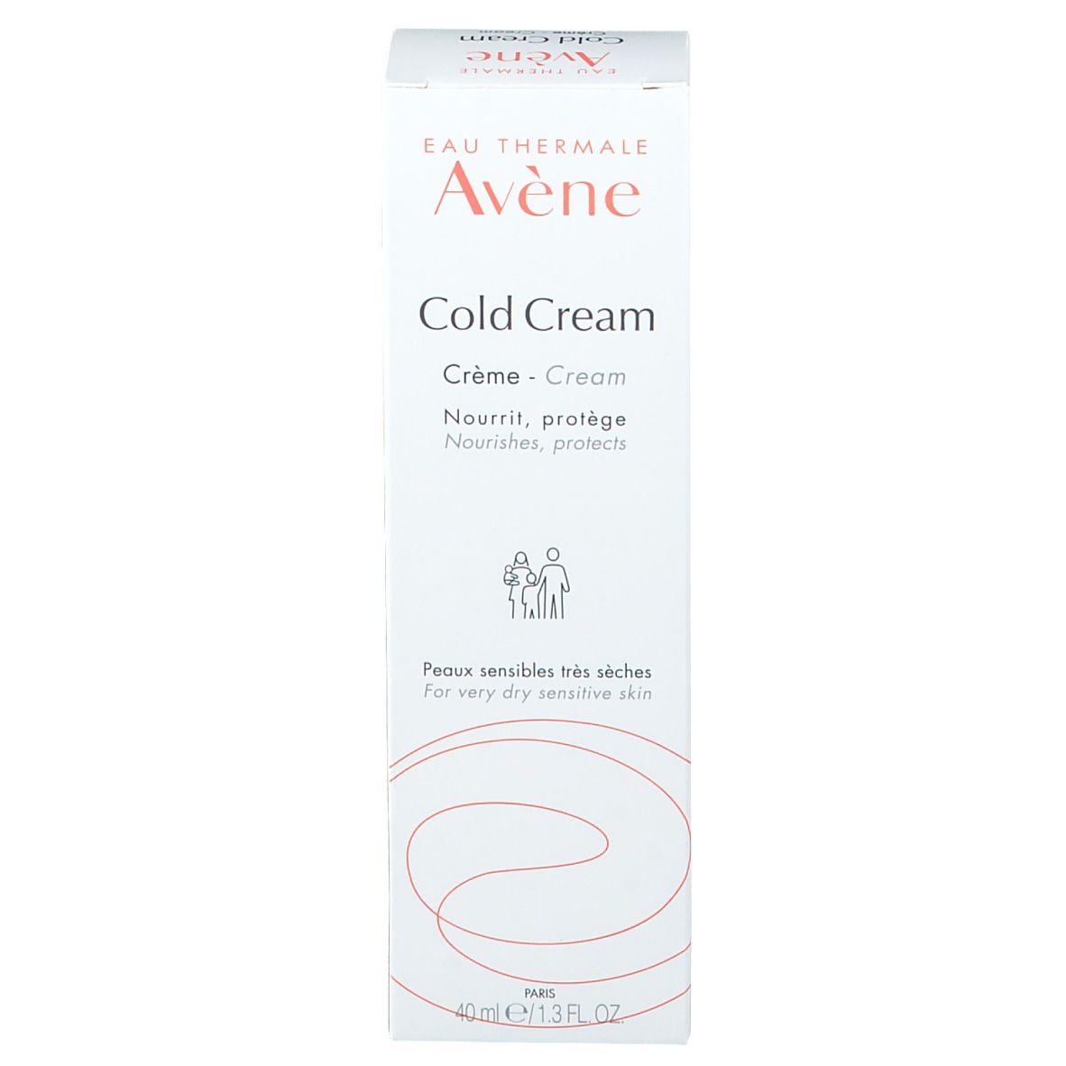Emballage carton Avene Cold Cream. Texte: Cold Cream, Crème, Nourrit, protège. Pour peaux très sèches.