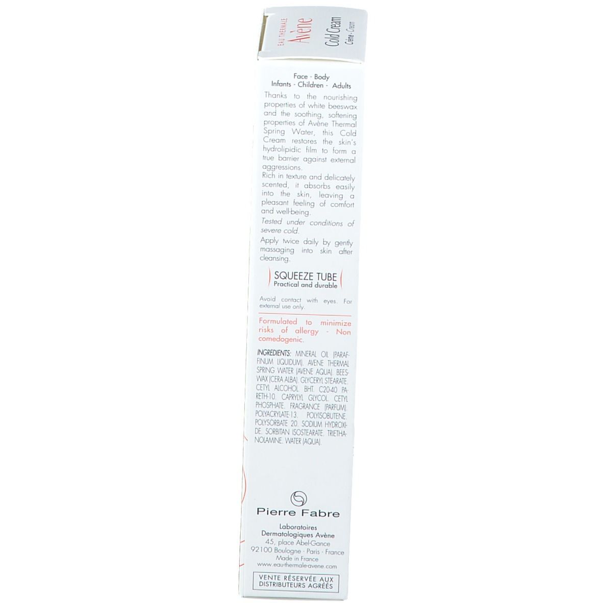 Côté de l'emballage carton Avene Cold Cream. Texte: Ingrédients, instructions d'utilisation, informations fabricant.
