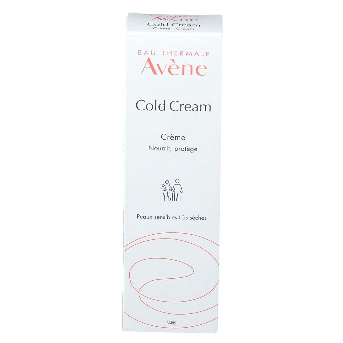 Emballage carton Avene Cold Cream. Texte: Cold Cream, Crème, Nourrit, protège. Pour peaux très sèches.
