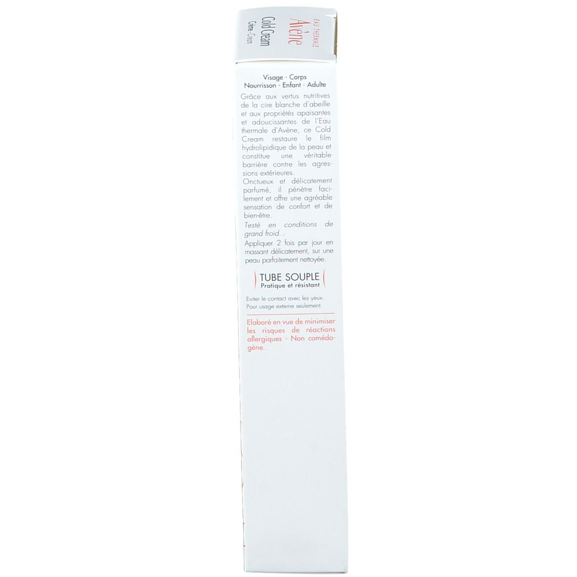 Côté de l'emballage carton Avene Cold Cream. Texte: Utilisation, ingrédients, informations fabricant.
