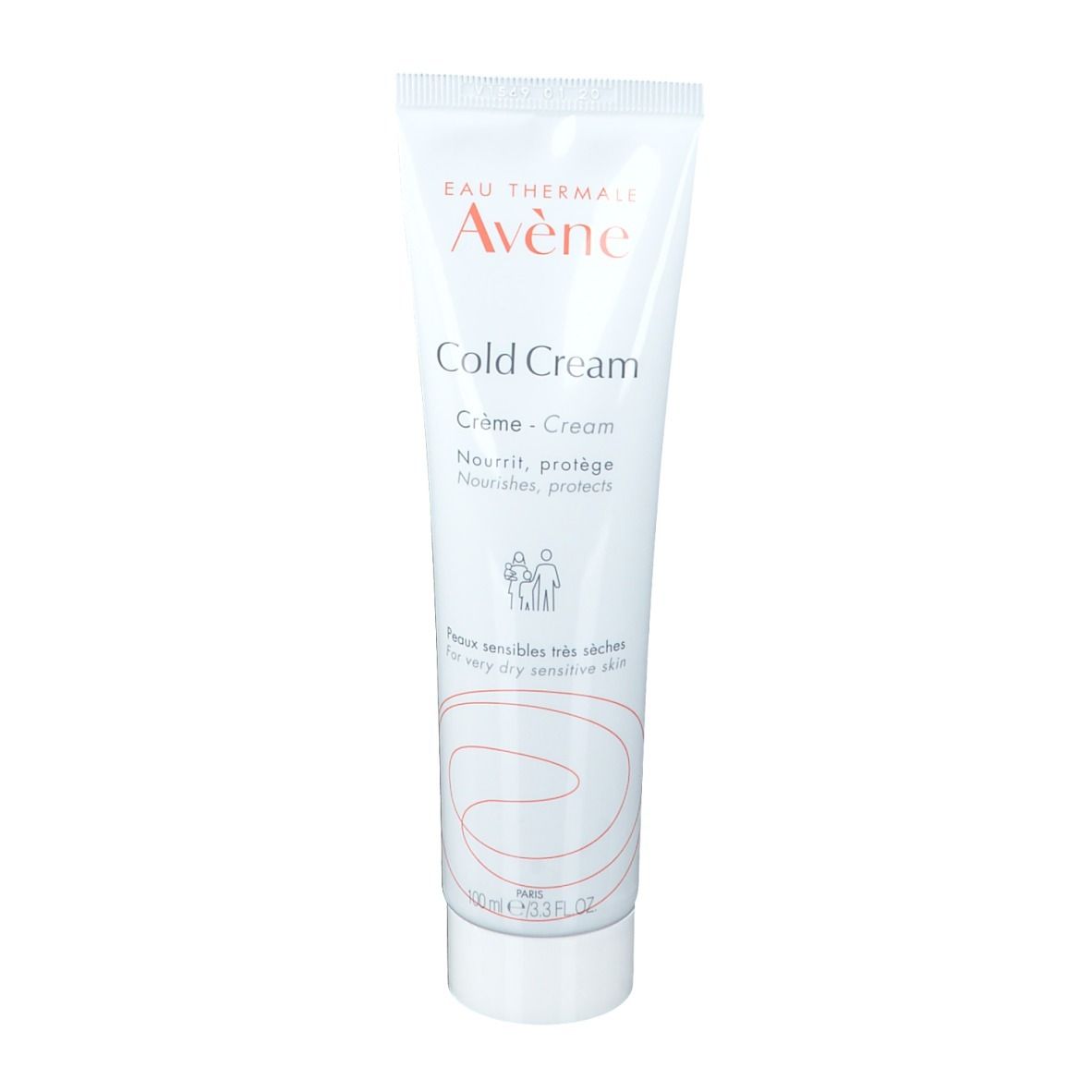 Tube de crème Avene Cold Cream. Blanc, logo et texte. Pour peaux très sèches. Texture crème.