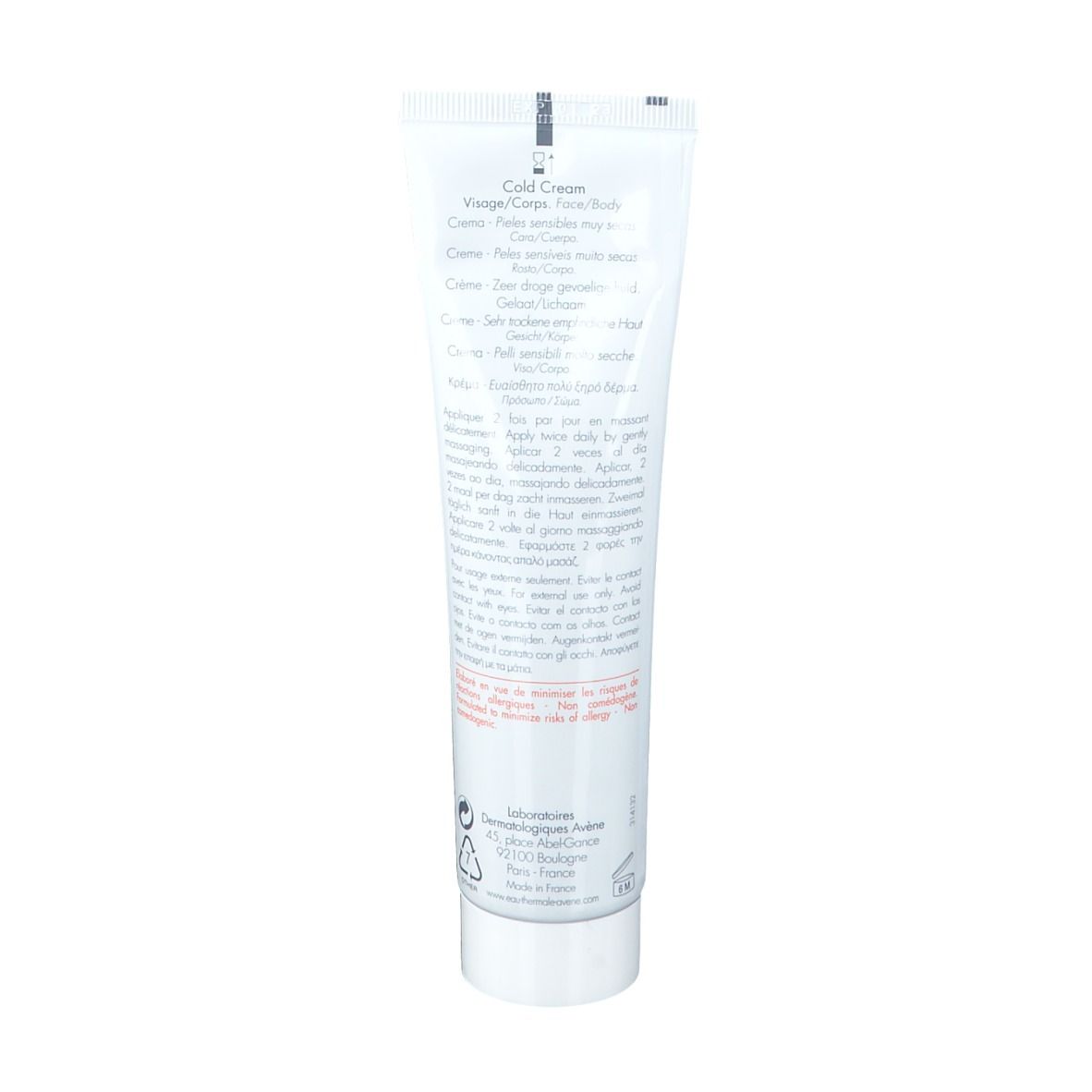 Dos du tube Avene Cold Cream. Texte, ingrédients, informations fabricant. Fond blanc.