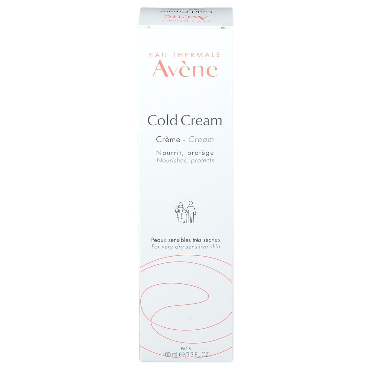Emballage Avene Cold Cream. Blanc, logo et texte. Pour peaux très sèches. Rectangulaire.