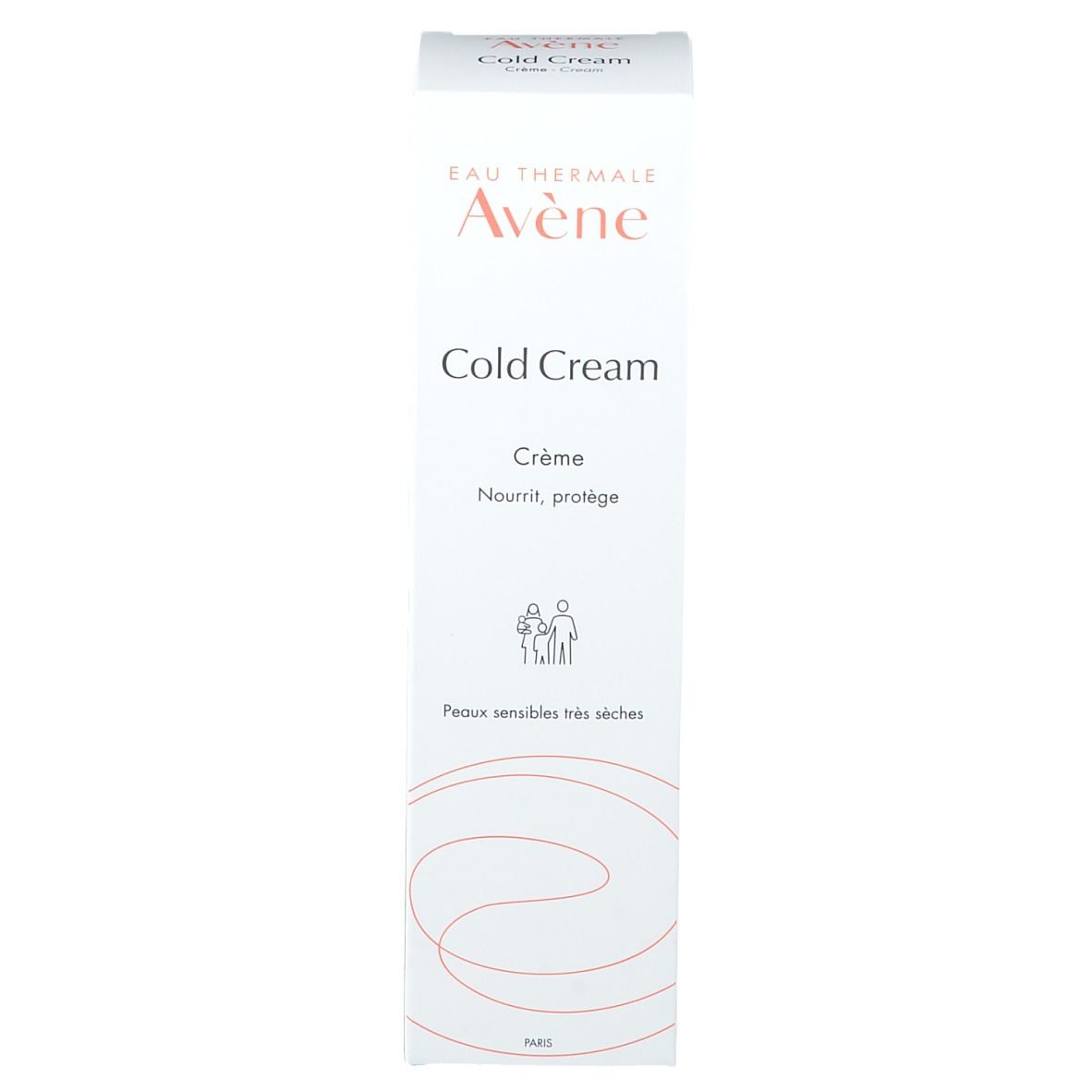 Emballage Avene Cold Cream. Blanc, logo et texte. Pour peaux très sèches. Rectangulaire.