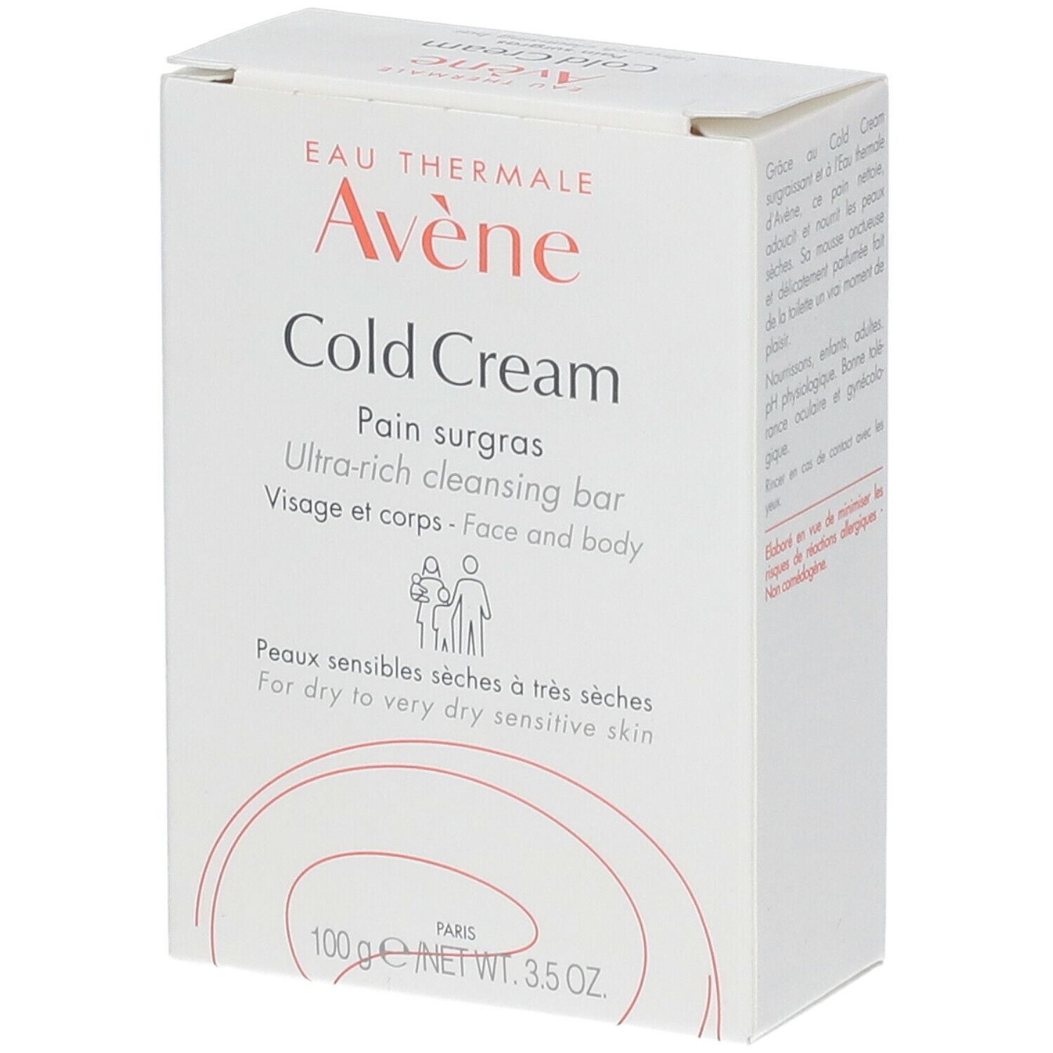 Boîte blanche avec "Cold Cream" et logo "Avène". Texte en français.