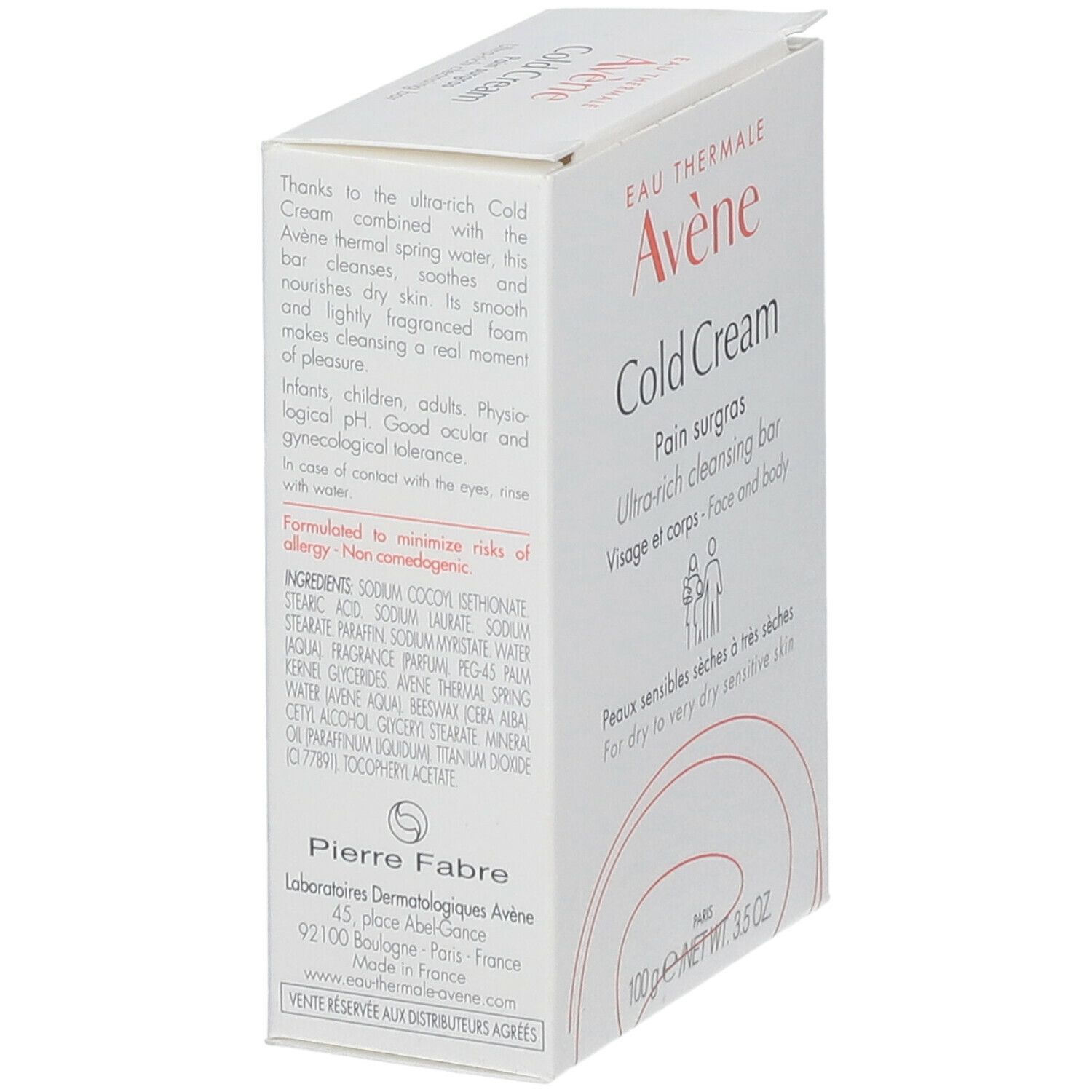 Boîte avec "Cold Cream" et logo "Avène". Ingrédients et texte.