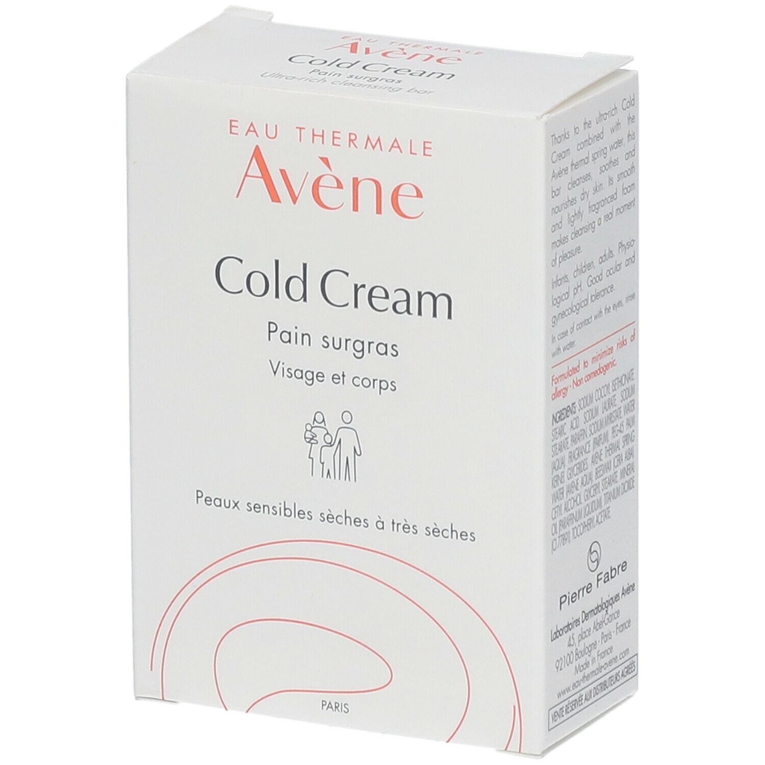 Boîte avec "Cold Cream" et logo "Avène". Ingrédients et texte.
