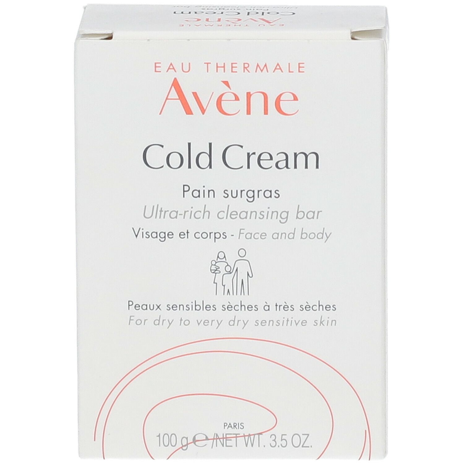 Boîte blanche avec "Cold Cream" et logo "Avène". Texte et illustration.