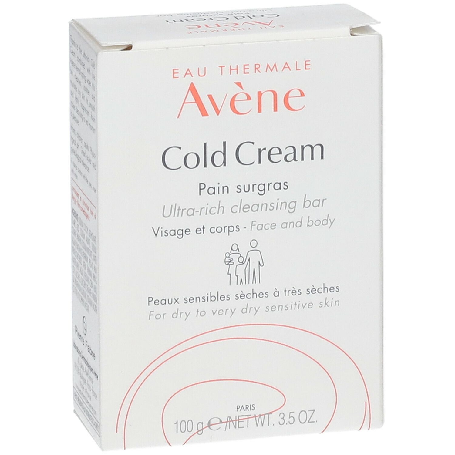 Boîte blanche avec "Cold Cream" et logo "Avène". Texte et illustration.