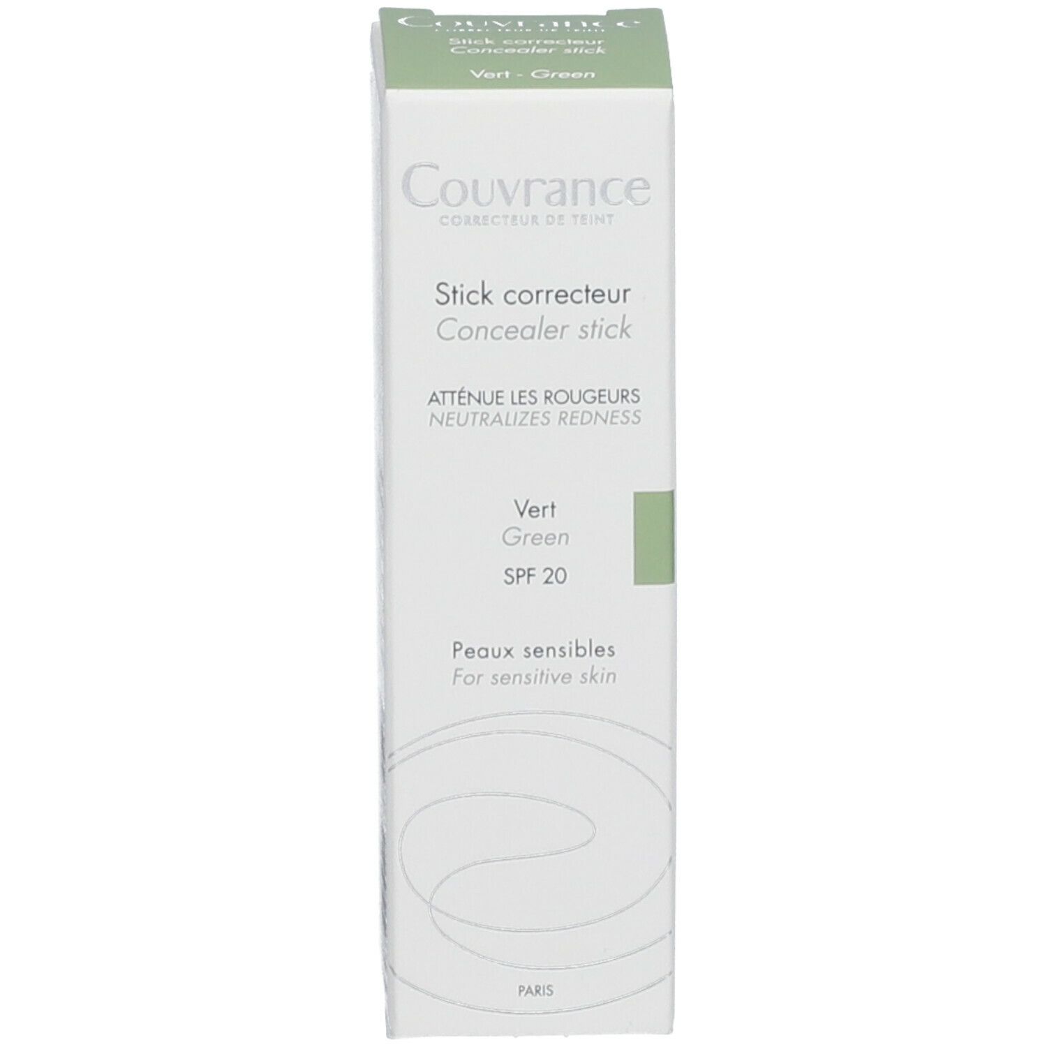 Correcteur et emballage. Blanc avec accents verts. Inscription Couvrance, Stick correcteur.