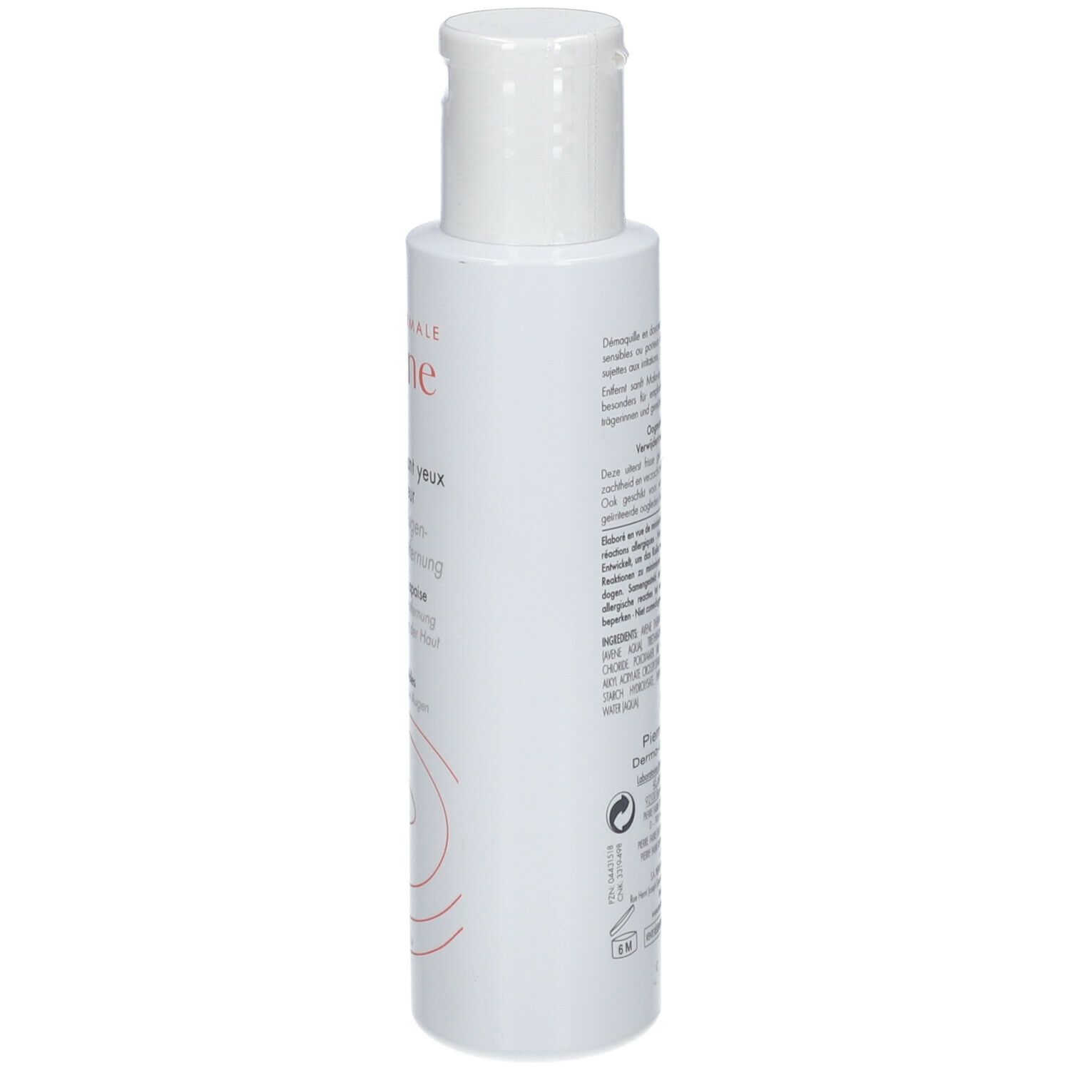 Dos du flacon blanc. Texte: ingrédients, mode d'emploi, fabricant Pierre Fabre. Code-barres et symboles de recyclage.