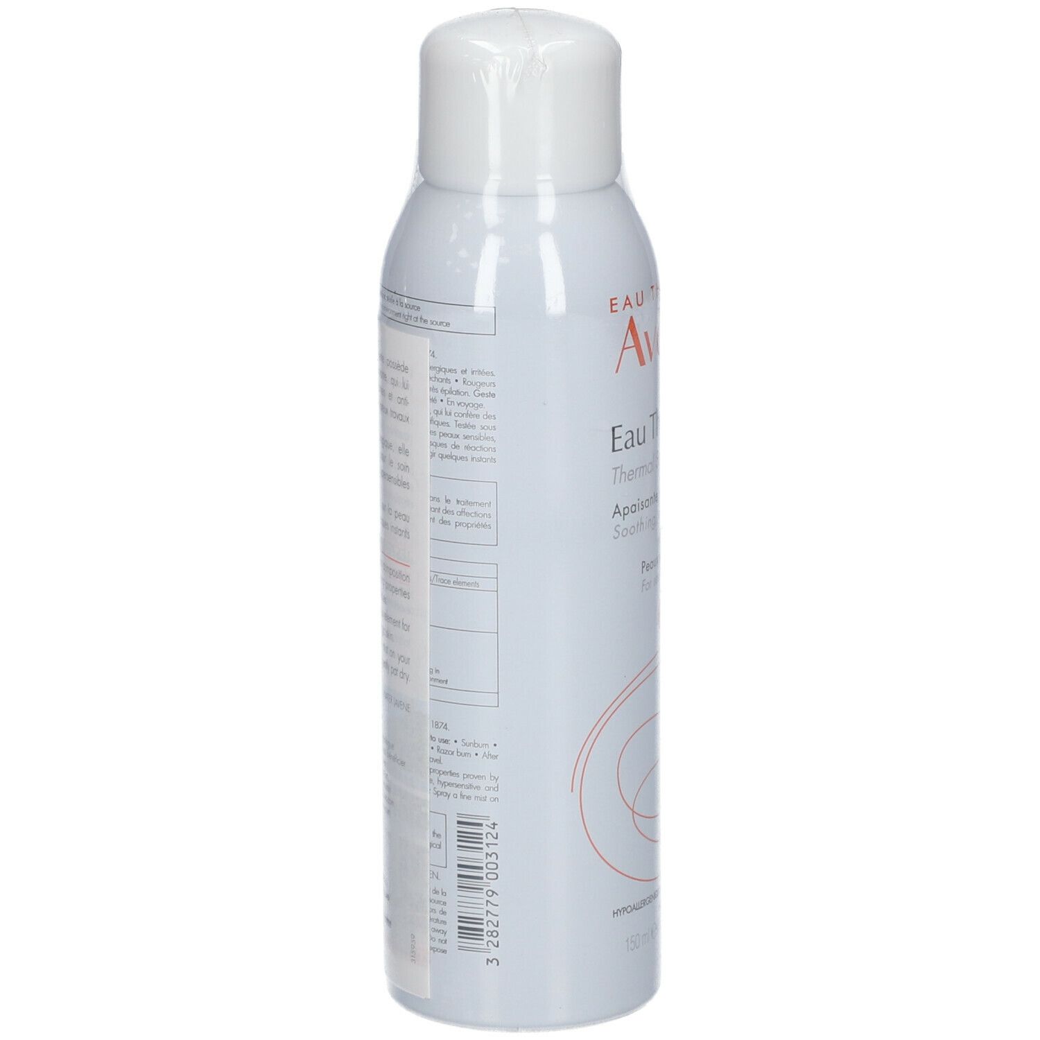 Flacon spray blanc dans un film transparent. "Avène Eau Thermale" est écrit dessus. Pour peaux sensibles.