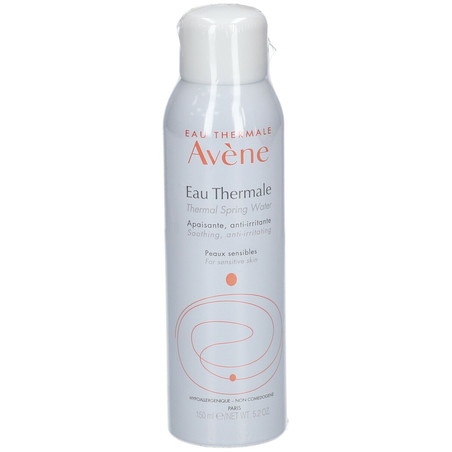 Flacon spray blanc sous film. "Avène Eau Thermale" est écrit dessus. Pour peaux sensibles. Anti-irritant.
