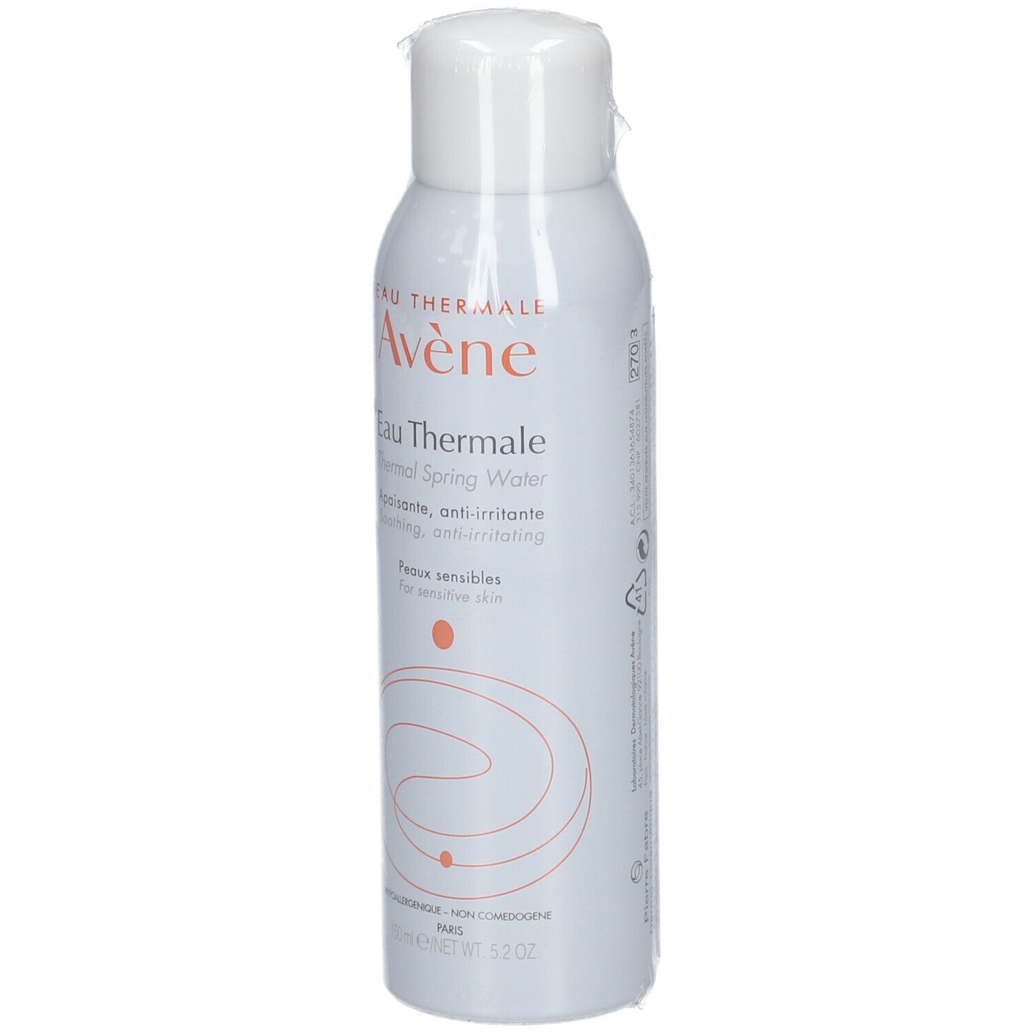 Flacon spray blanc sous film. "Avène Eau Thermale" est écrit dessus. Pour peaux sensibles. Anti-irritant.