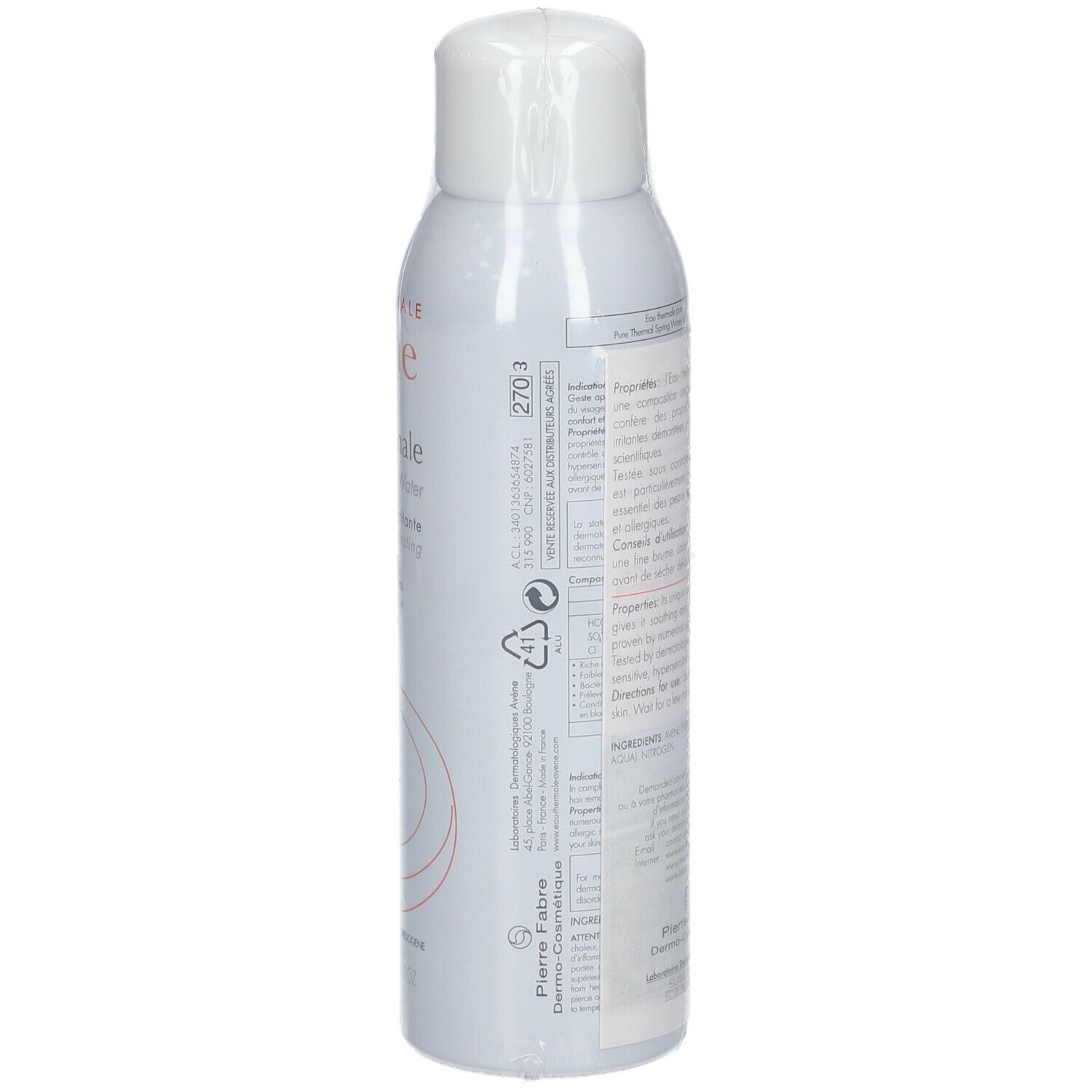 Dos d'un flacon spray blanc sous film. Texte multilingue. Informations sur les ingrédients.