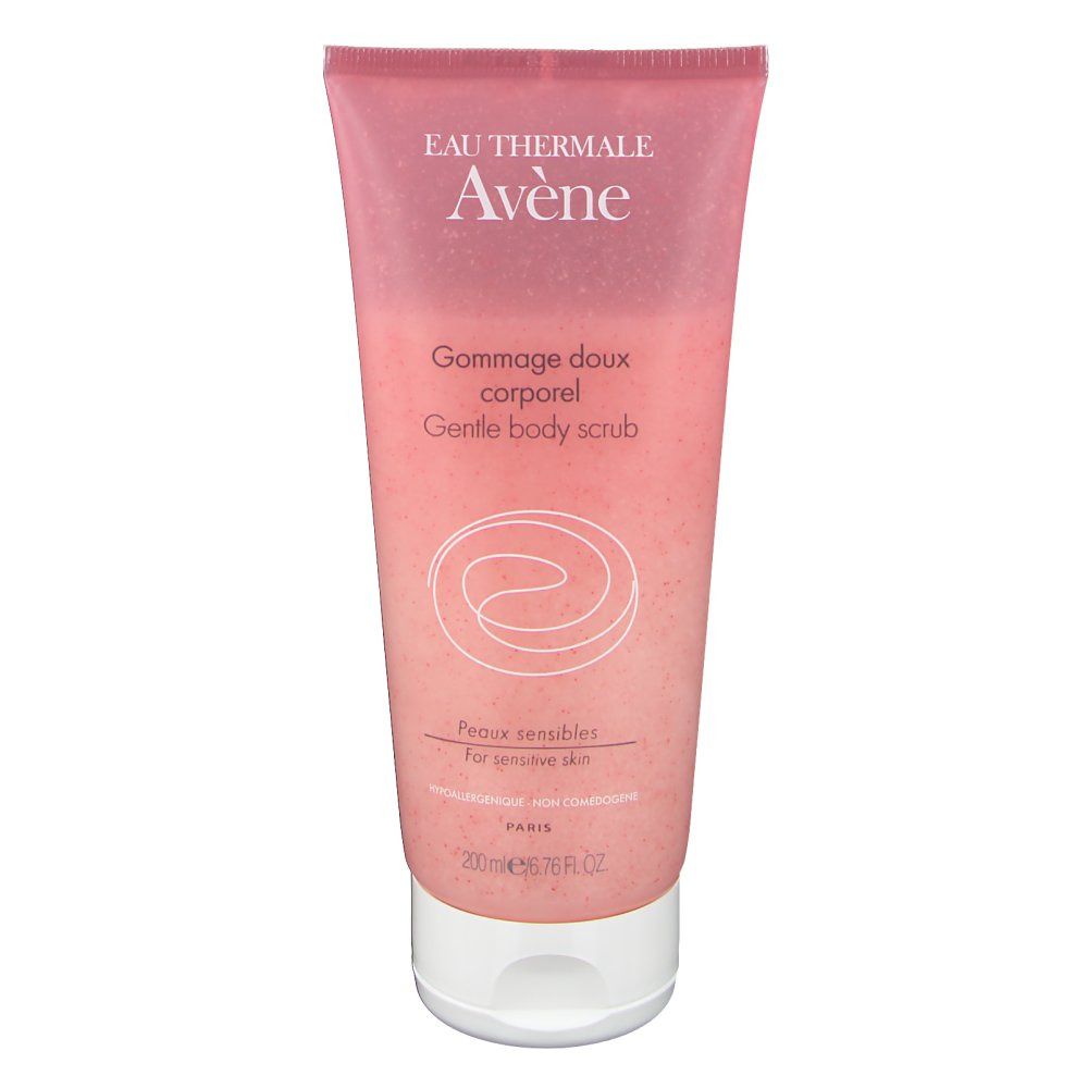 Tube rose avec bouchon blanc. Inscription: Eau Thermale Avène, Gommage doux corporel, Gentle body scrub. Pour peaux sensibles.