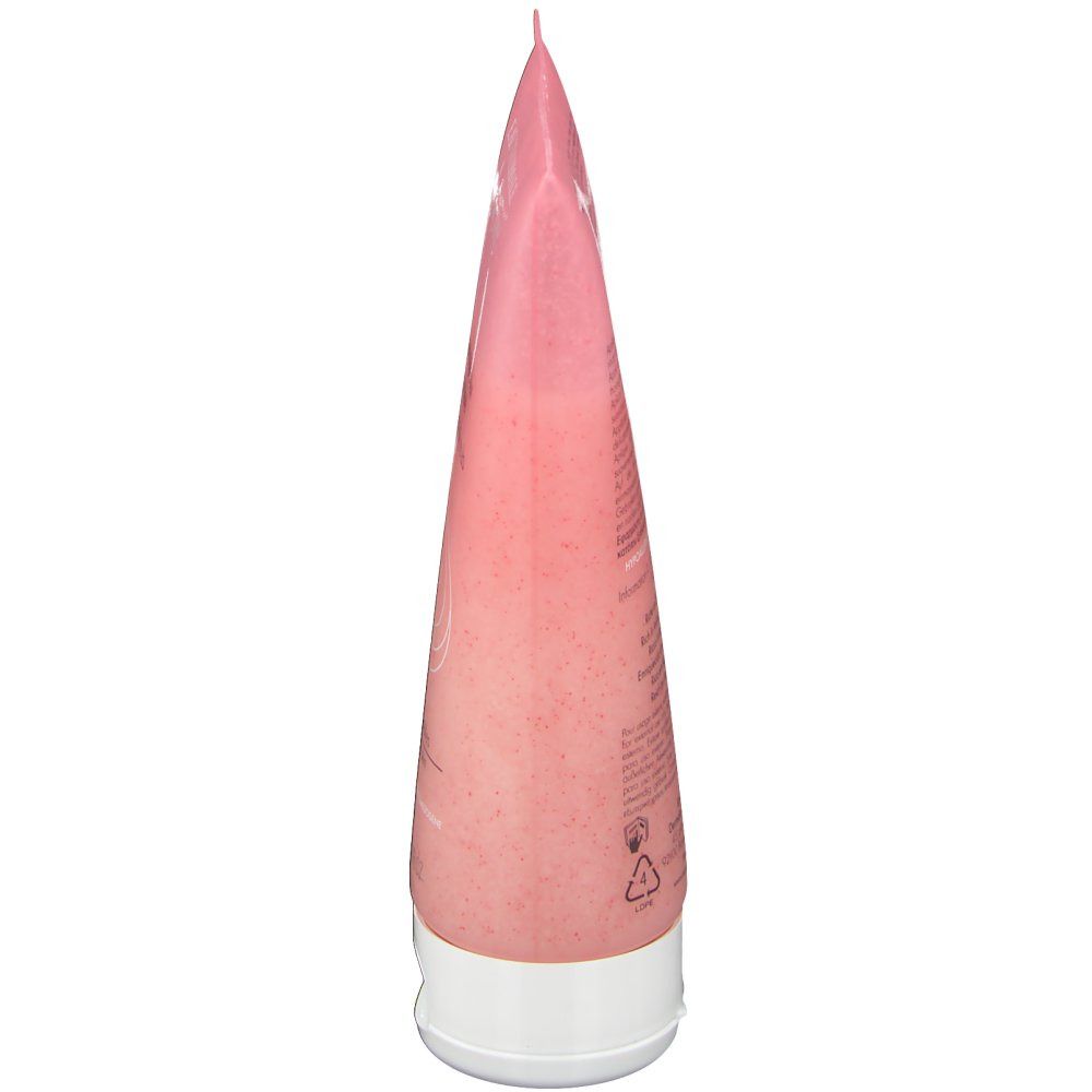 Vue latérale d'un tube rose avec bouchon blanc. Texte du produit illisible.