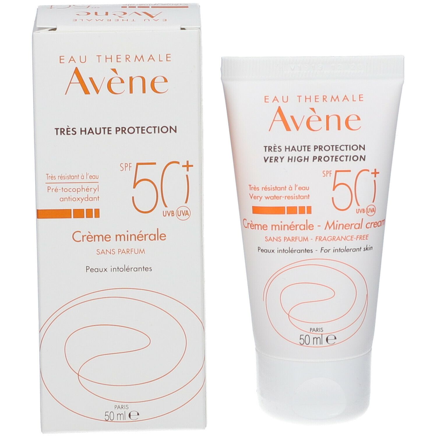 Emballage du produit : tube et boîte. Crème minérale SPF 50+. Emballage blanc avec texte orange. 50 ml.