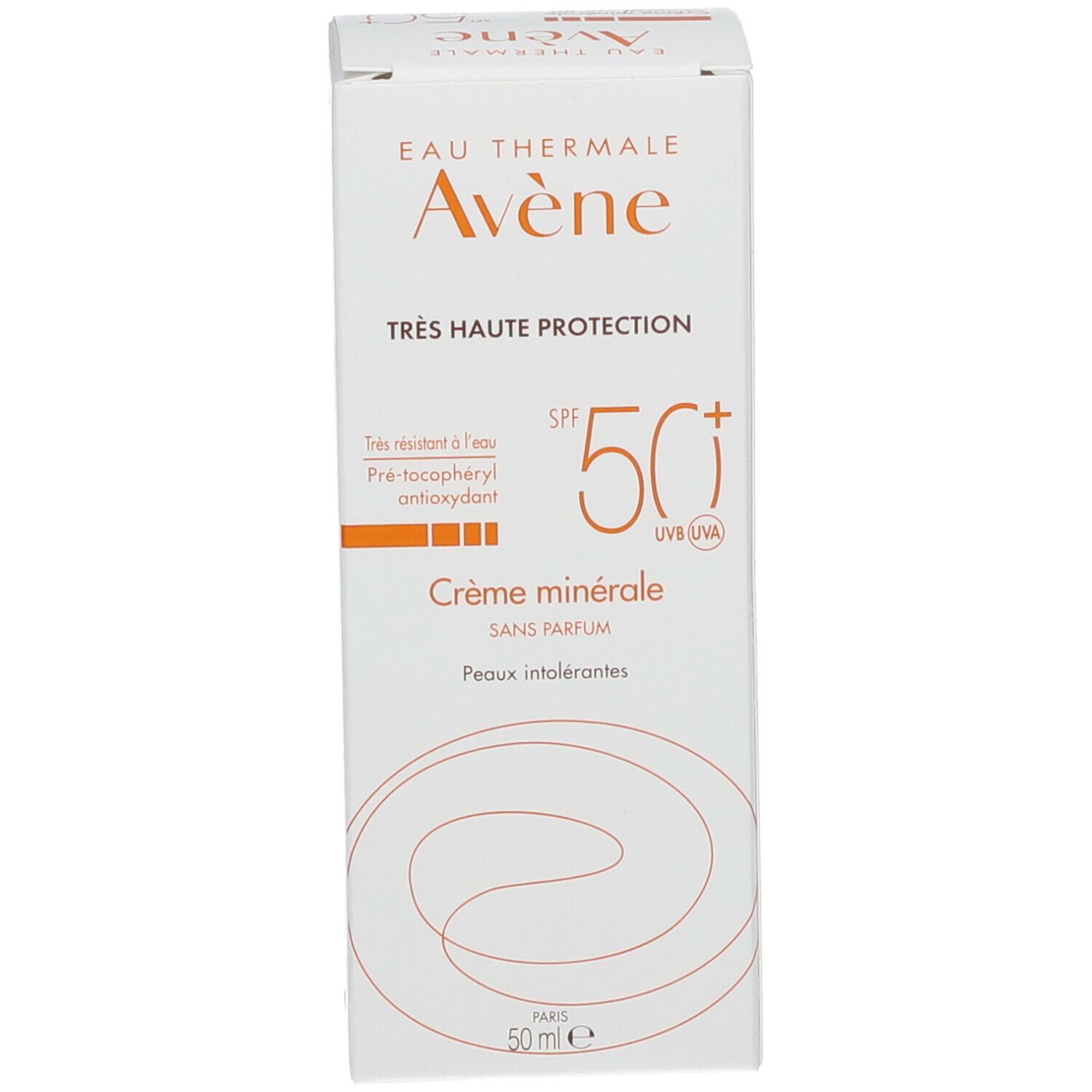 Boîte blanche avec texte orange. Crème minérale SPF 50+. Très haute protection, très résistant à l'eau, sans parfum. 50 ml.
