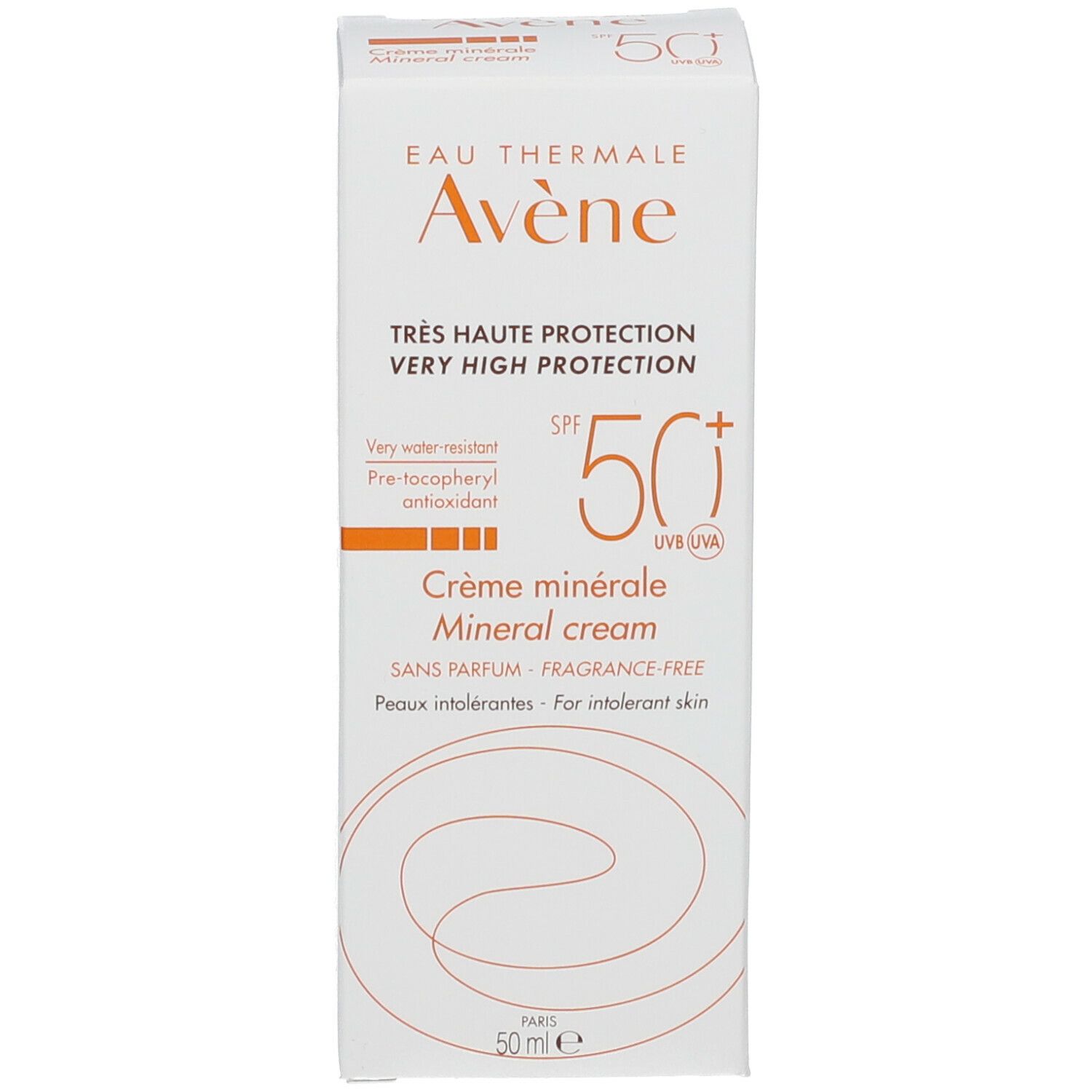 Boîte blanche avec texte orange. Crème minérale SPF 50+. Très haute protection, très résistant à l'eau, sans parfum. 50 ml.