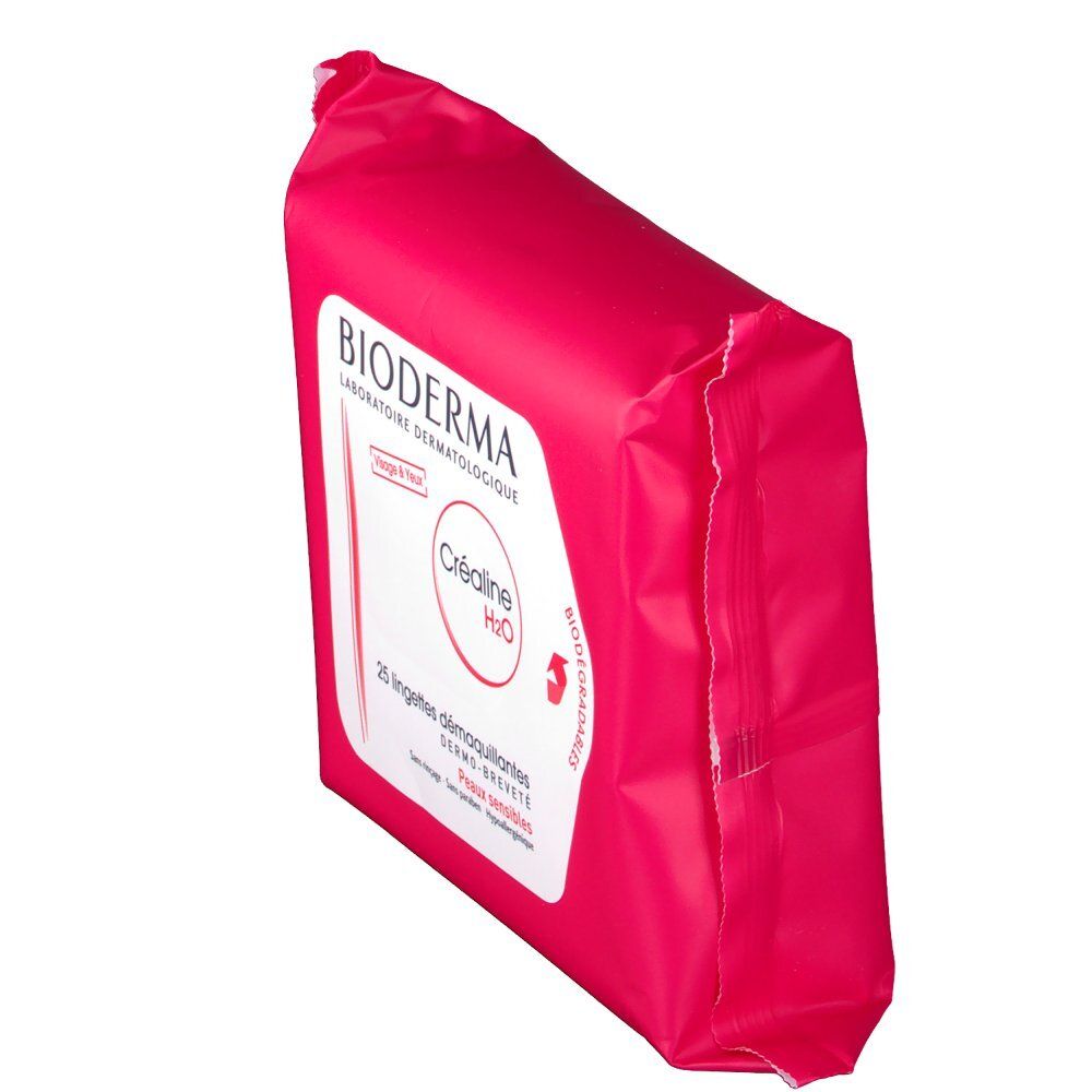 Paquet rose avec étiquette blanche. Inscription: Bioderma, Créaline H2O, 25 lingettes. Vue en biais.