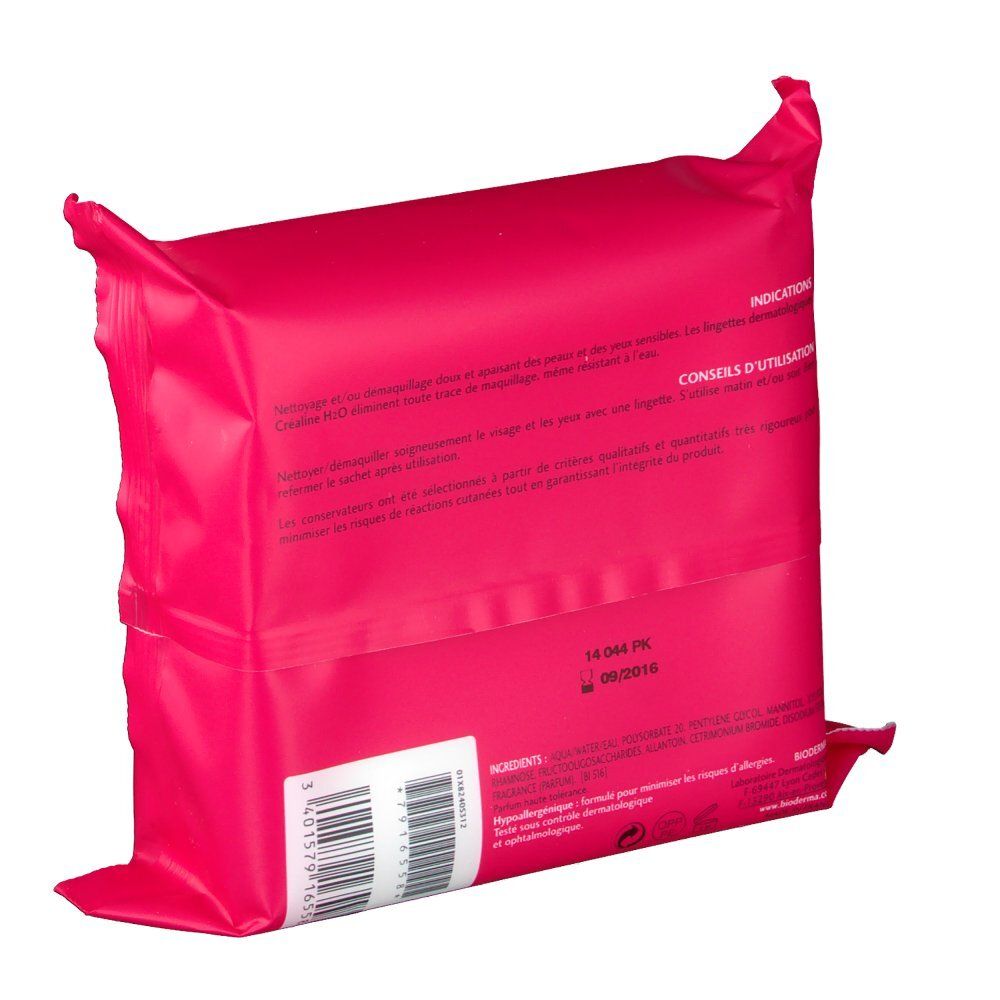 Dos du paquet rose. Texte et code-barres. Inscription: Bioderma, Créaline H2O. Vue en biais.