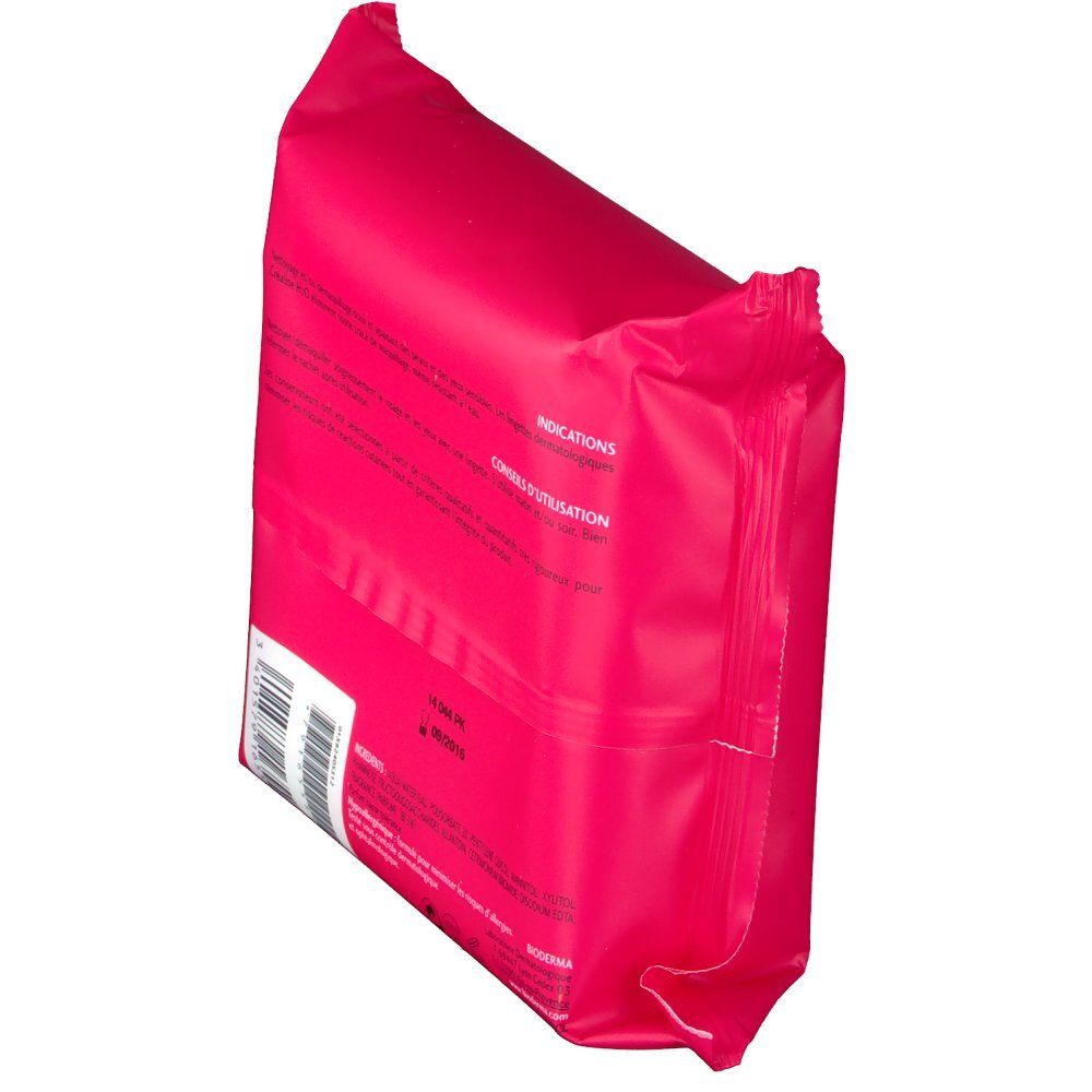 Paquet rose, dos. Texte et code-barres. Inscription: Bioderma, Créaline H2O. Vue en biais.
