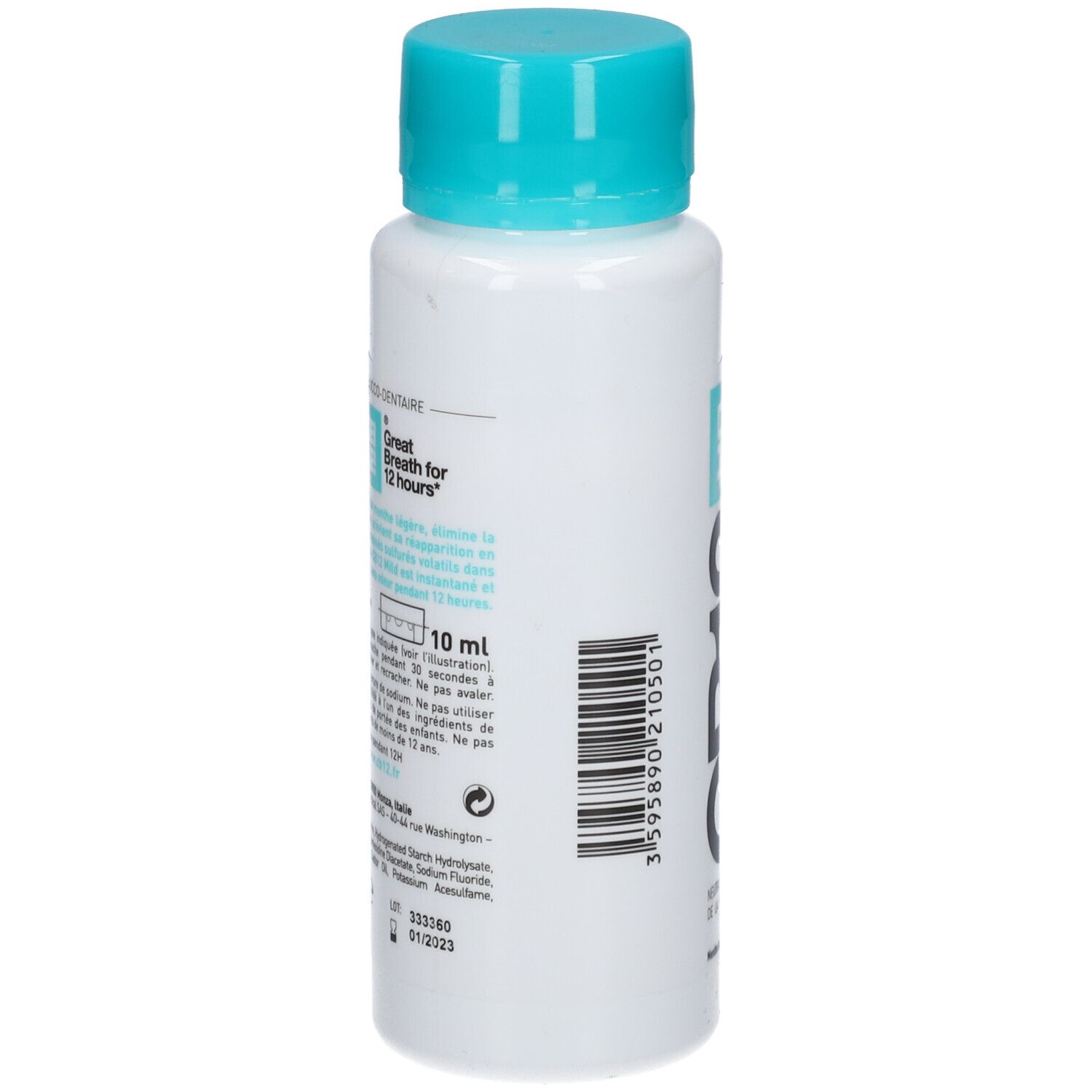 Flacon blanc, bouchon bleu. Inscription CB12. Texte: Great Breath for 12 hours. 10 ml. Mode d'emploi.