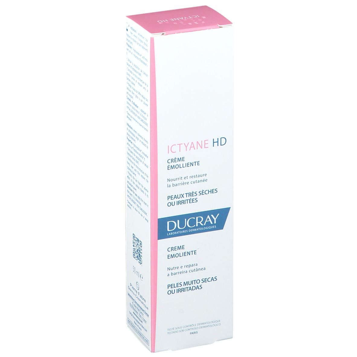 Boîte de crème émolliente Ictyane HD. Pour peaux très sèches ou irritées. Ducray. Emballage rose et blanc.