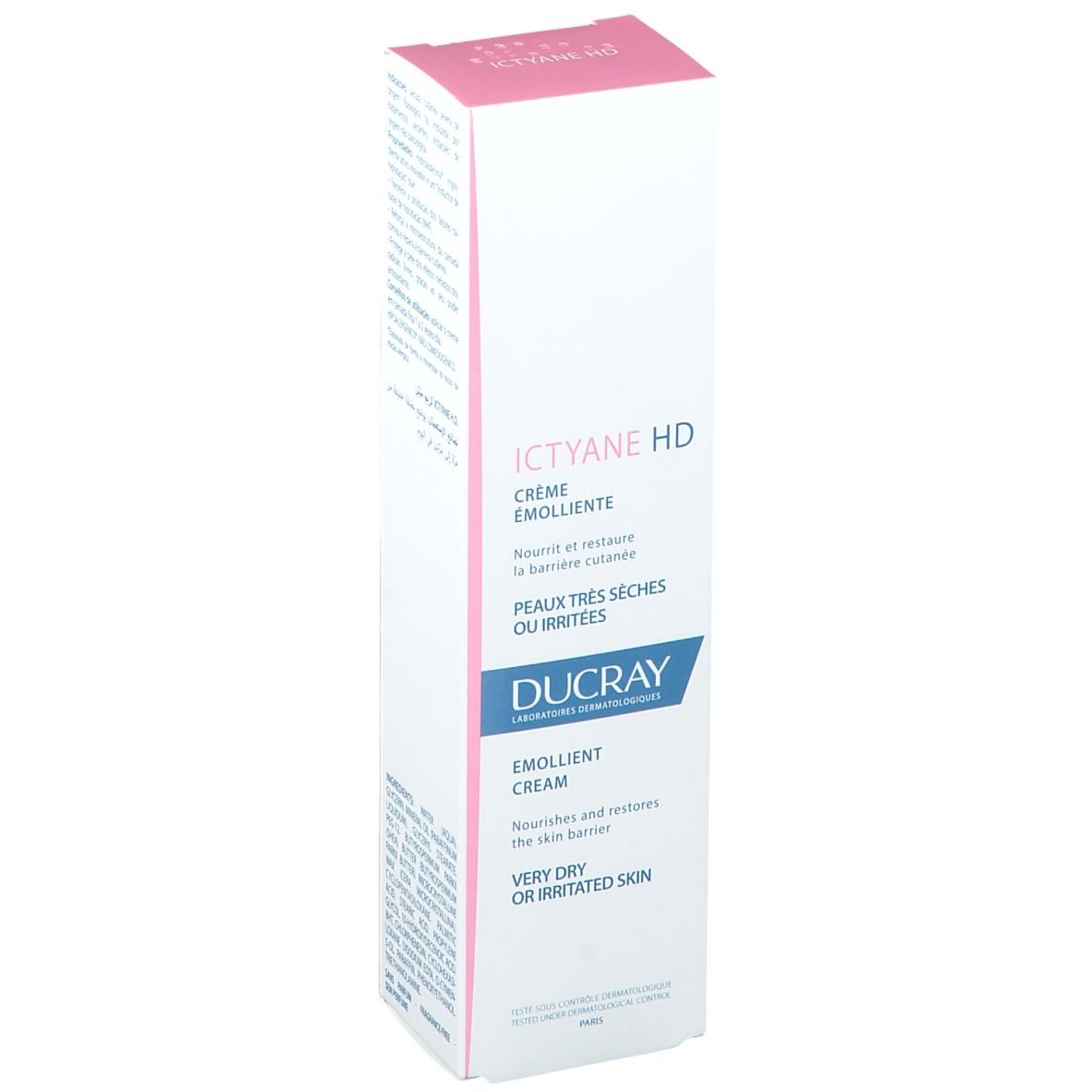Boîte de crème émolliente Ictyane HD. Pour peaux très sèches ou irritées. Ducray. Emballage rose et blanc.