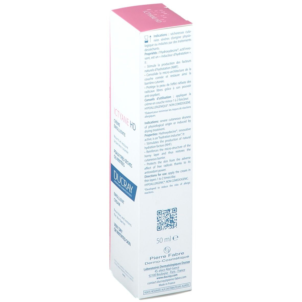 Boîte de crème émolliente Ictyane HD. Pour peaux très sèches ou irritées. Ducray. Emballage rose et blanc.