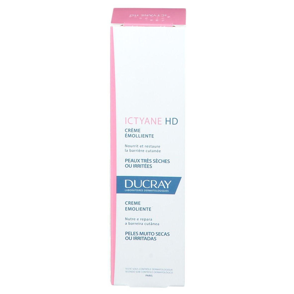 Boîte de crème émolliente Ictyane HD. Pour peaux très sèches ou irritées. Ducray. Emballage rose et blanc.