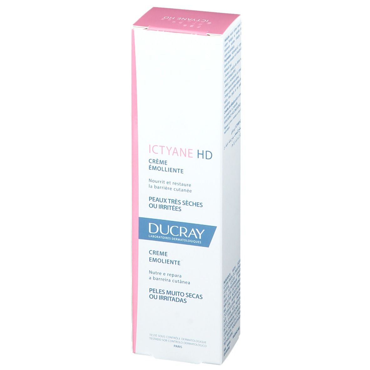 Boîte de crème émolliente Ictyane HD. Pour peaux très sèches ou irritées. Ducray. Emballage rose et blanc.