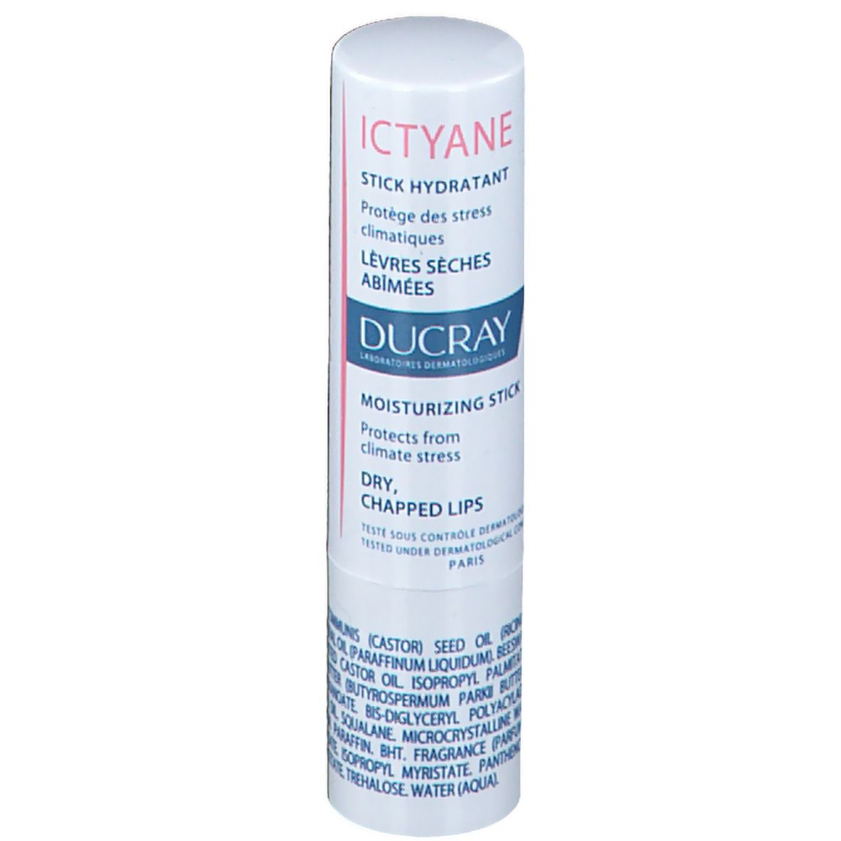 Stick hydratant Ducray Ictyane. Protège des lèvres sèches et abîmées. Emballage blanc, texte visible.