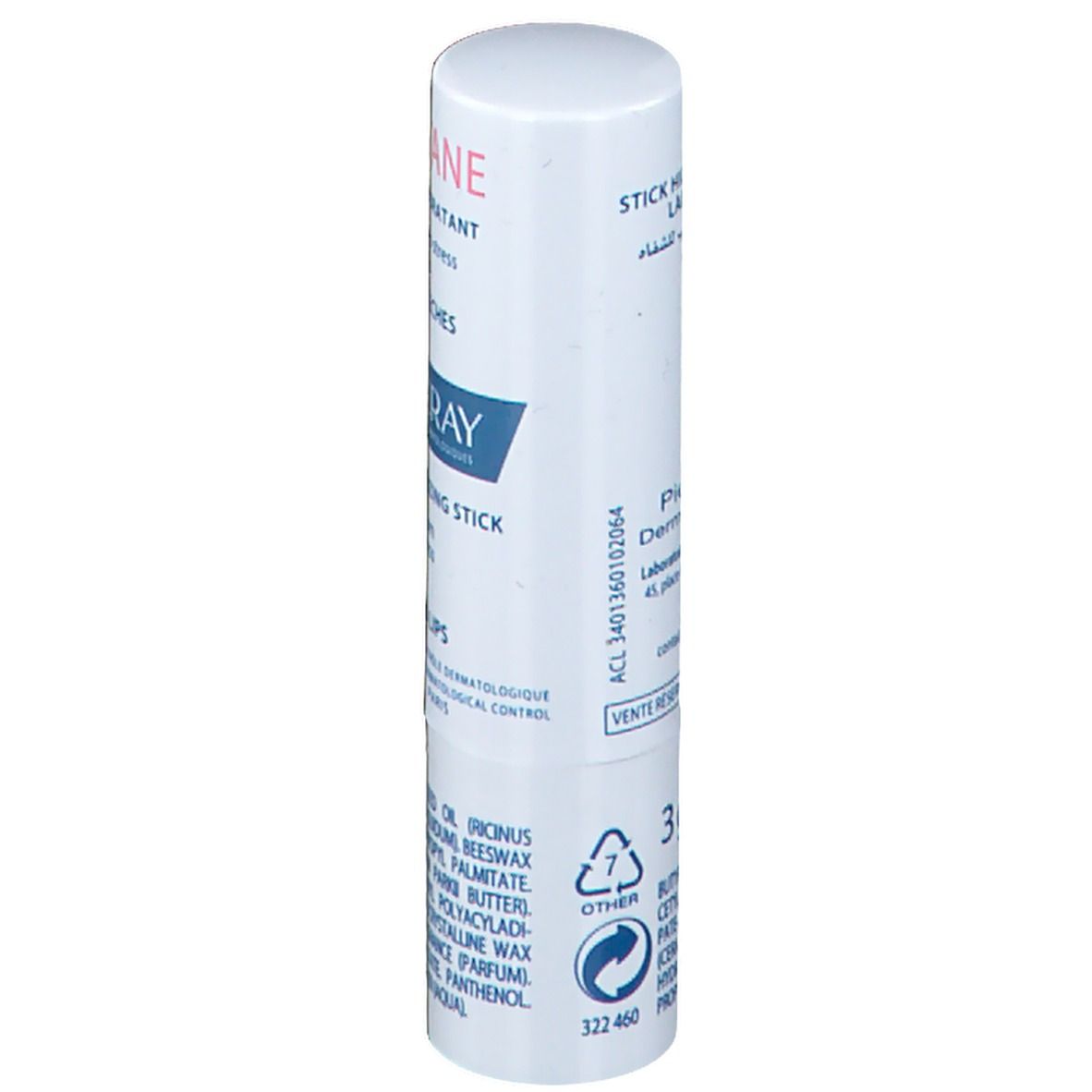 Stick hydratant Ducray Ictyane. Protège des lèvres sèches et abîmées. Emballage blanc, texte visible.