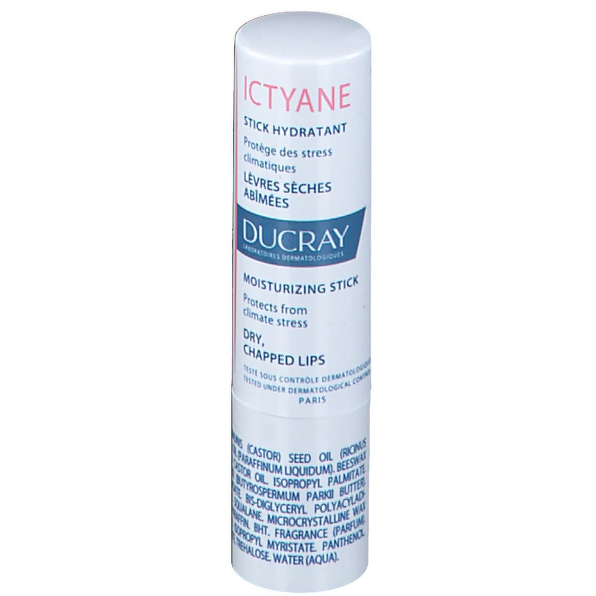 Stick hydratant Ducray Ictyane. Protège des lèvres sèches et abîmées. Emballage blanc, texte visible.