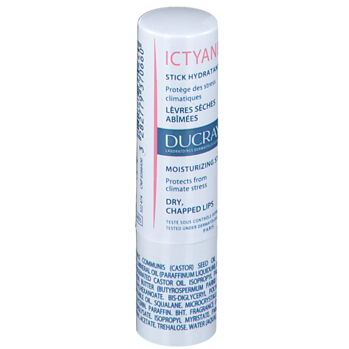 Stick hydratant Ducray Ictyane. Protège des lèvres sèches et abîmées. Emballage blanc, texte visible.