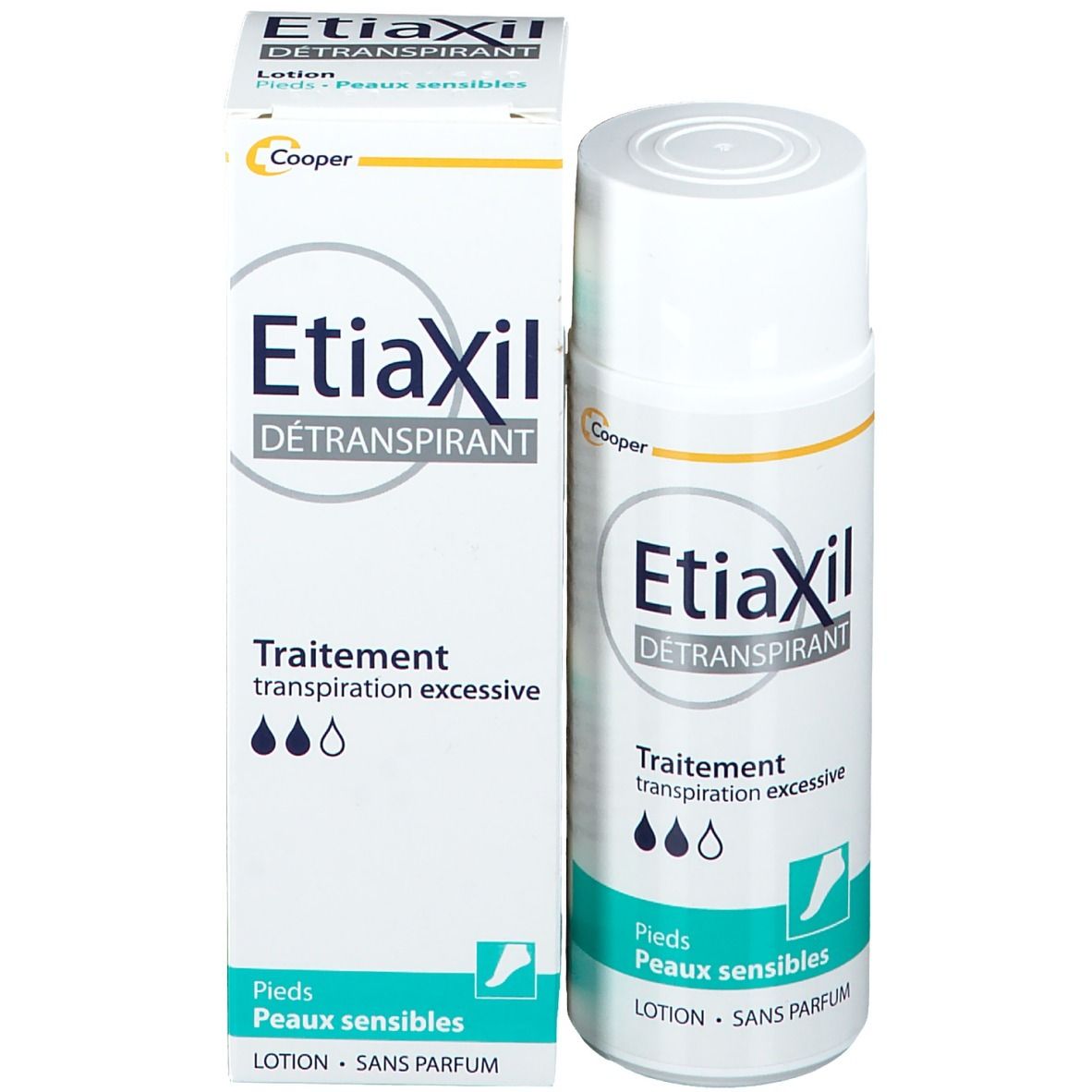 Produit Etiaxil avec emballage. Flacon et boîte. Détails: Traitement transpiration excessive. Peaux sensibles.