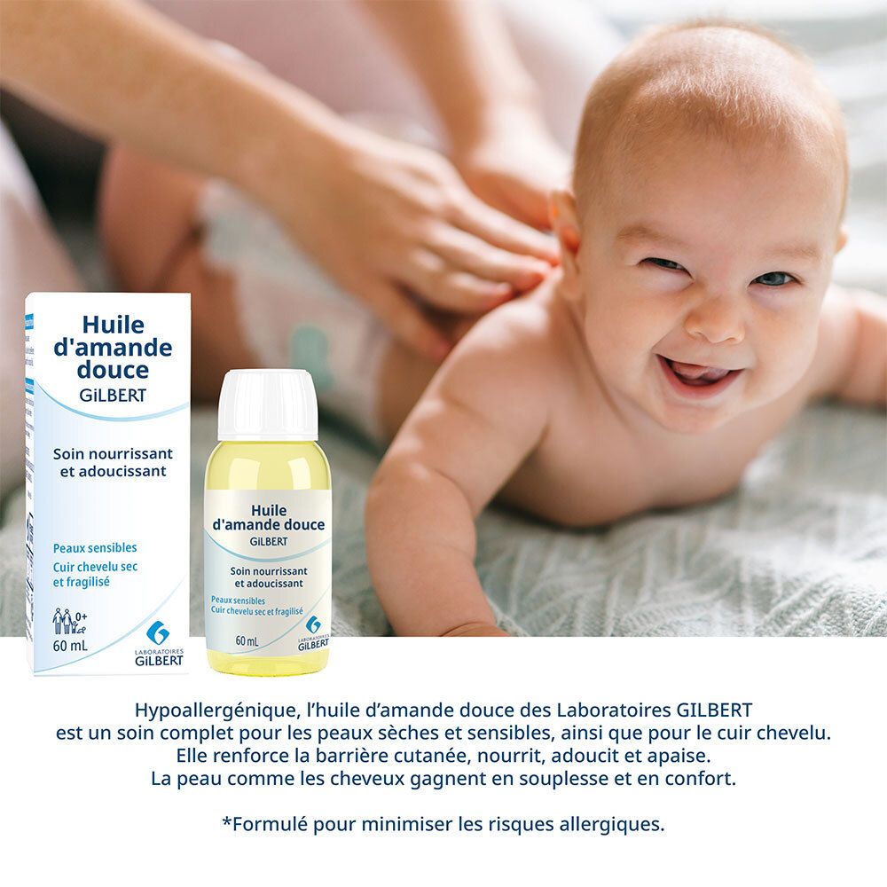 Bébé massé. À côté, flacon et boîte d'huile d'amande douce Gilbert. Texte en français.