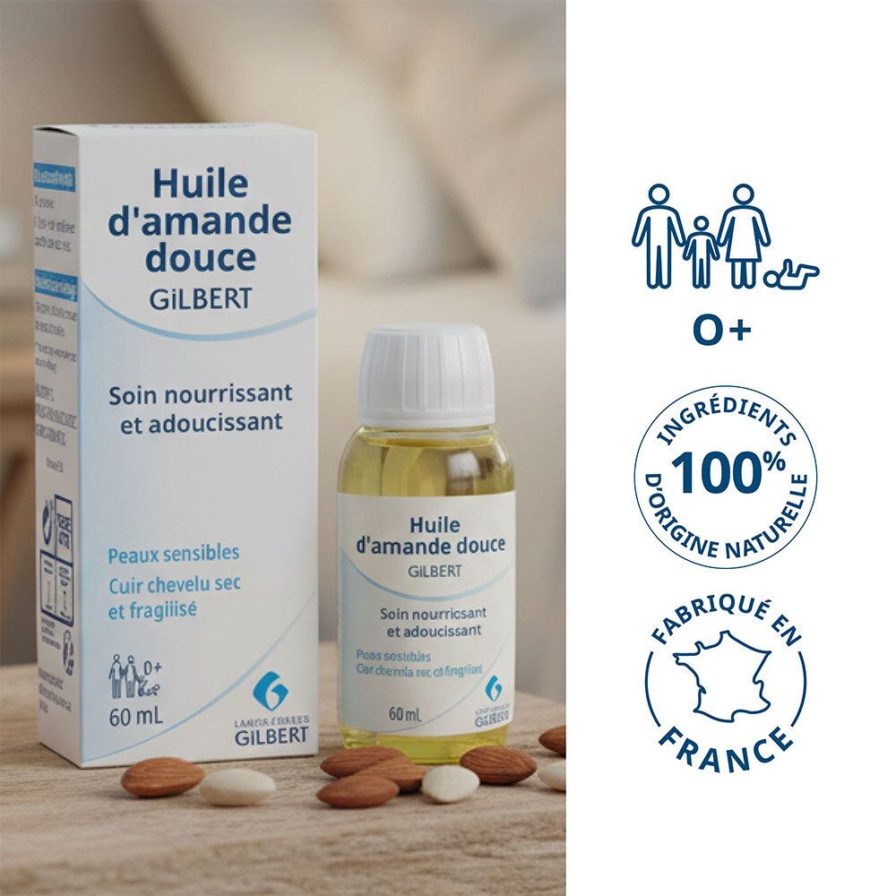 Flacon et boîte d'huile d'amande douce Gilbert. Ingrédients 100% naturels. Fabriqué en France.