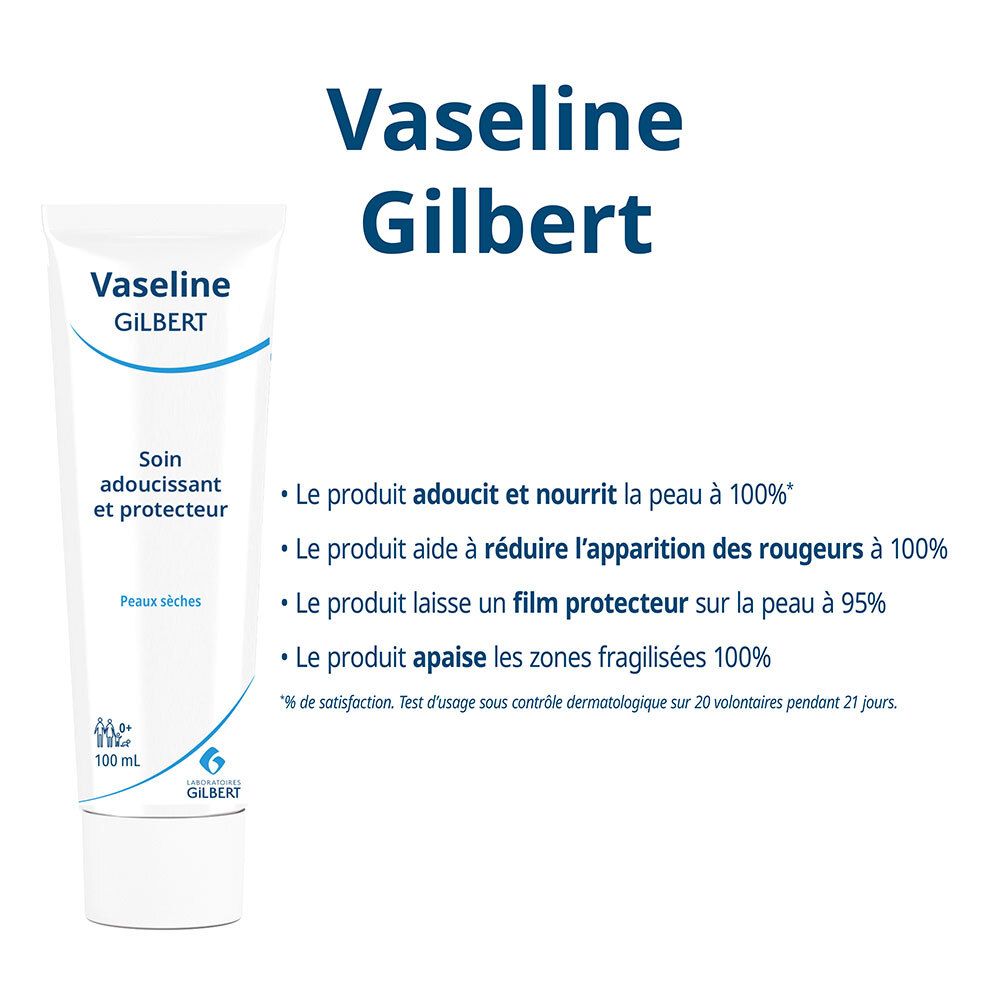 Tube Vaseline Gilbert. Texte: Adoucit et nourrit la peau à 100%. Réduit l'apparition des rougeurs à 100%.